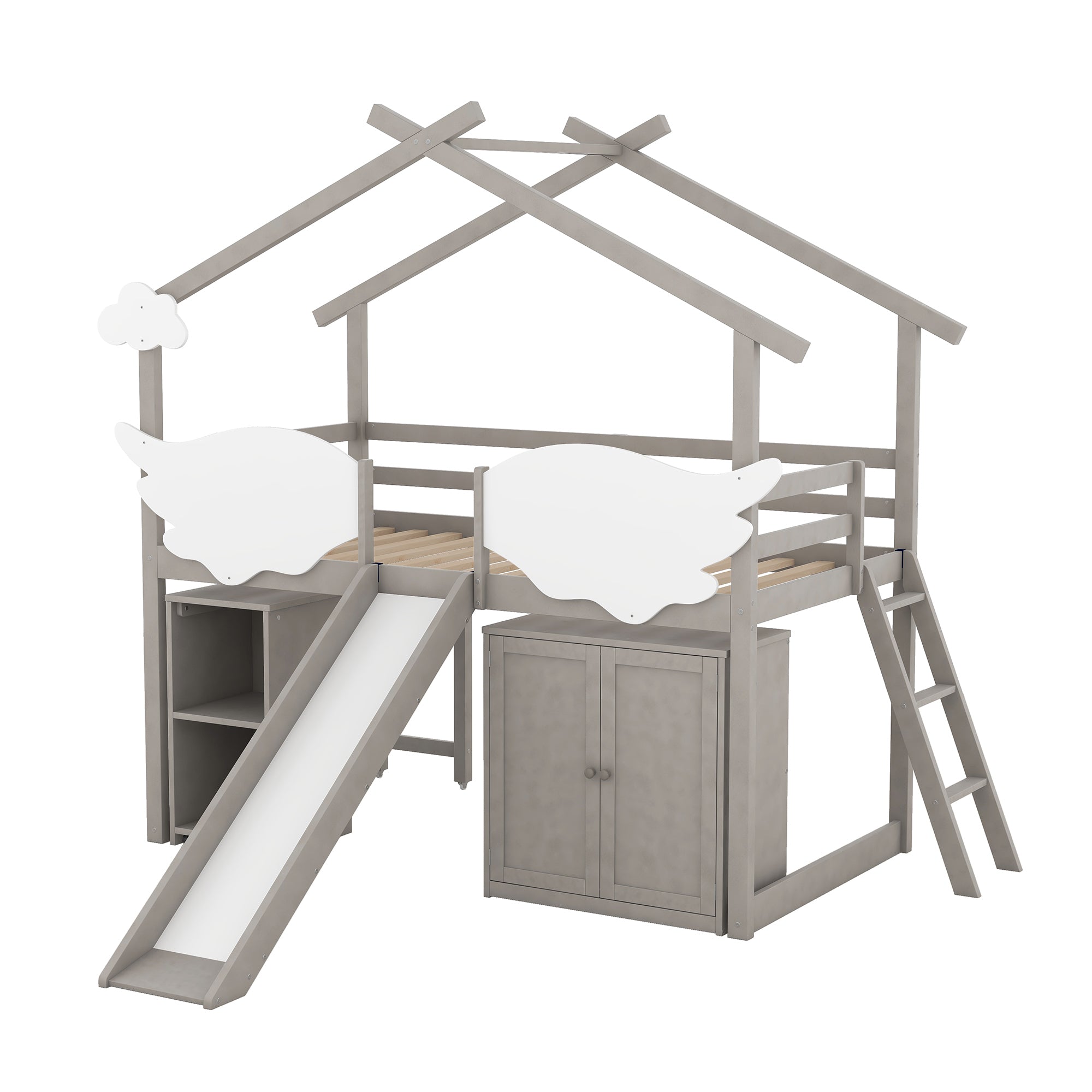 Twin Size House Bed with Wardrobe, Slide and Ladder, Wing-Shaped Fence, Pullable Desk with Storage, Worn Gray+White