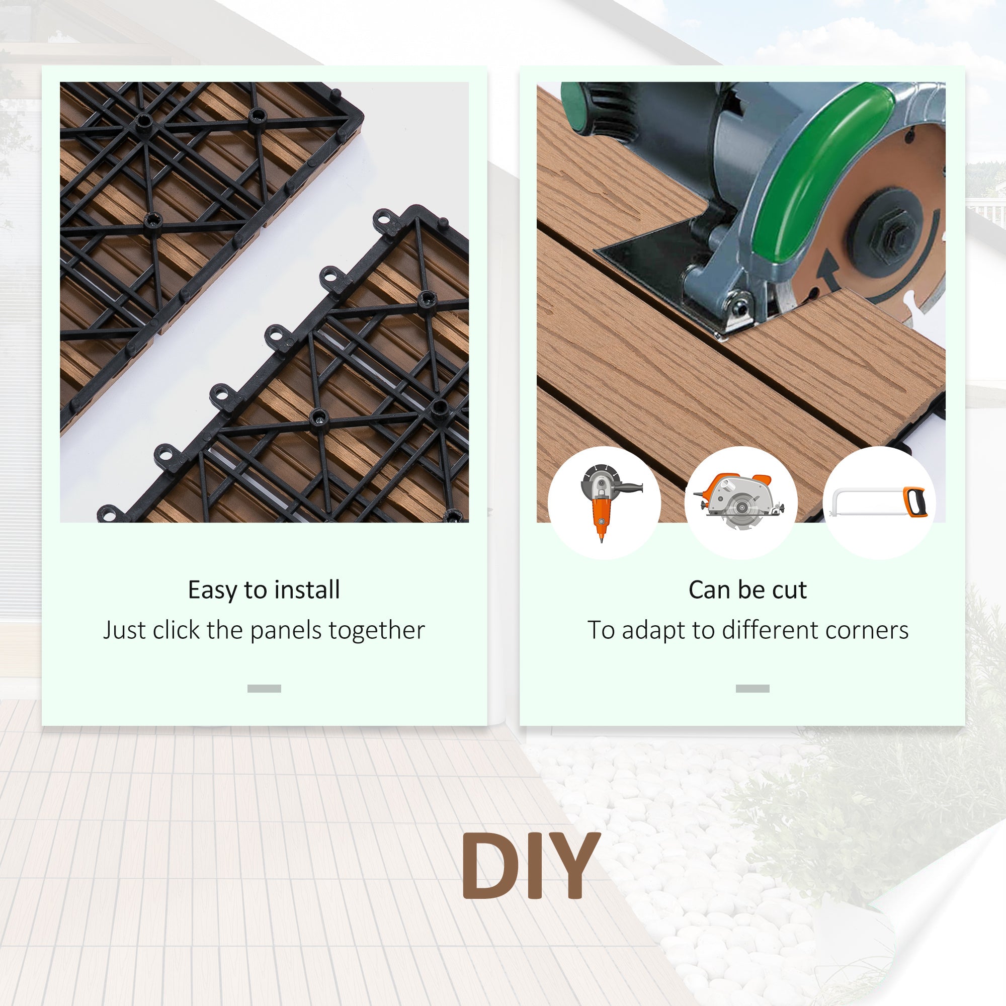 Outsunny Interlocking Deck Tiles, Pack of 11 Outdoor Flooring Patio Tiles, 12" x 12", All Weather for Porch, Balcony, Backyard for a New Classic Look, Teak