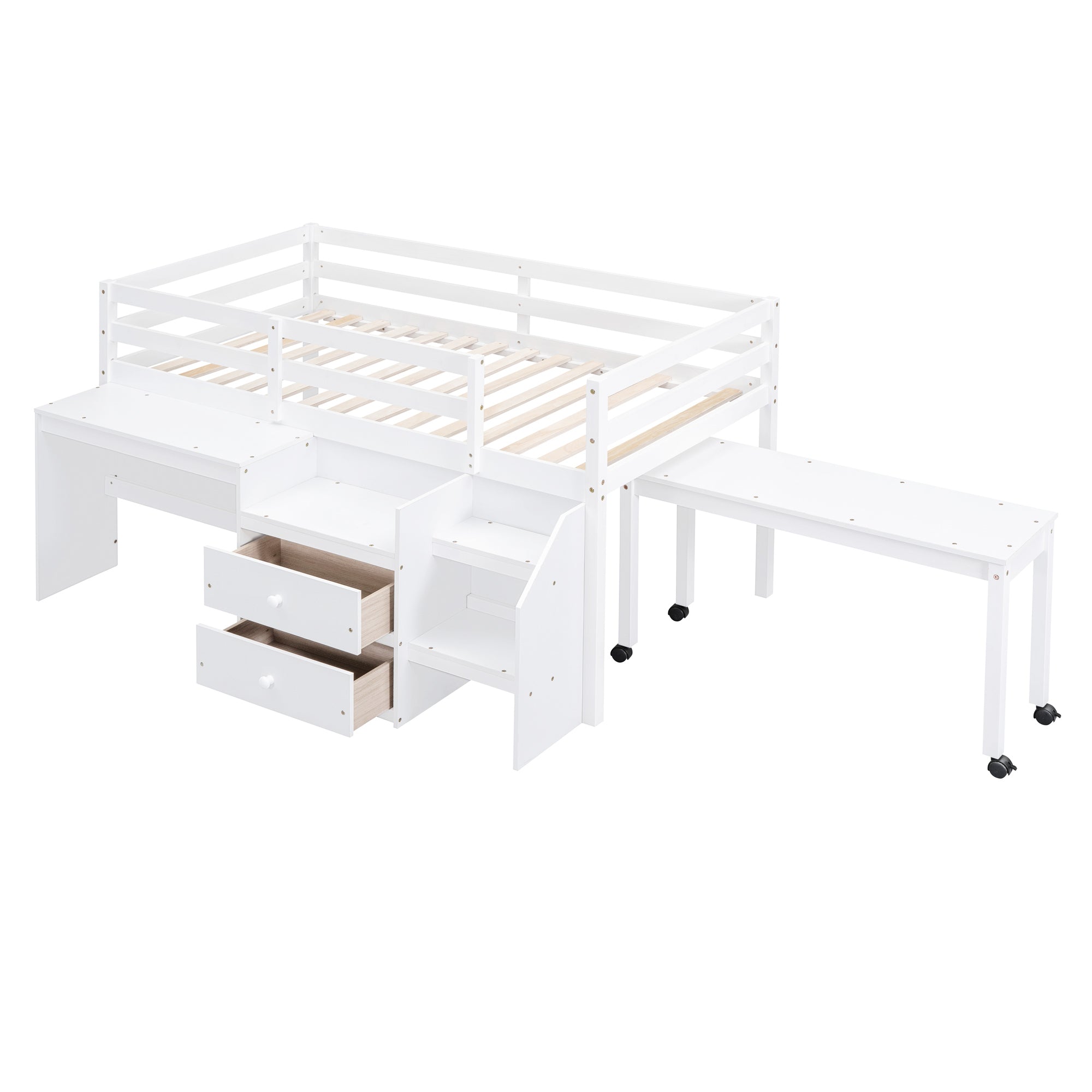 Twin Size Loft Bed with Desk and Drawers, Wooden Loft Bed with Lateral Portable Desk, White
