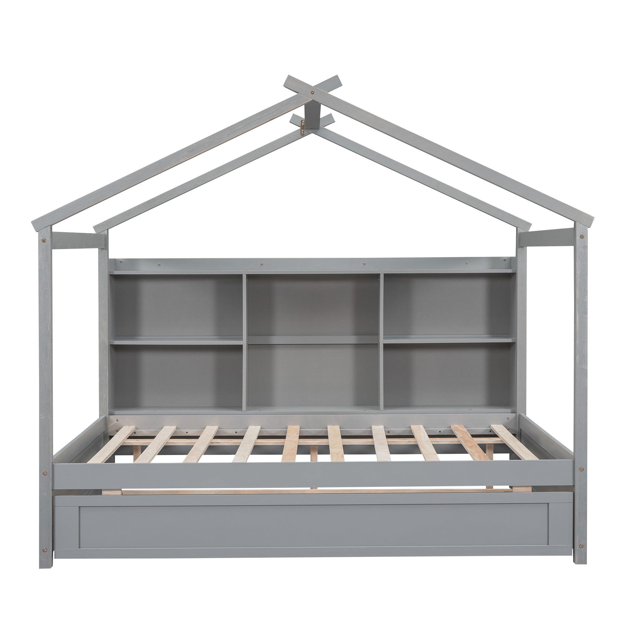Full Size House Bed with Storage Shelves and Twin Size Trundle, Brushed Gray