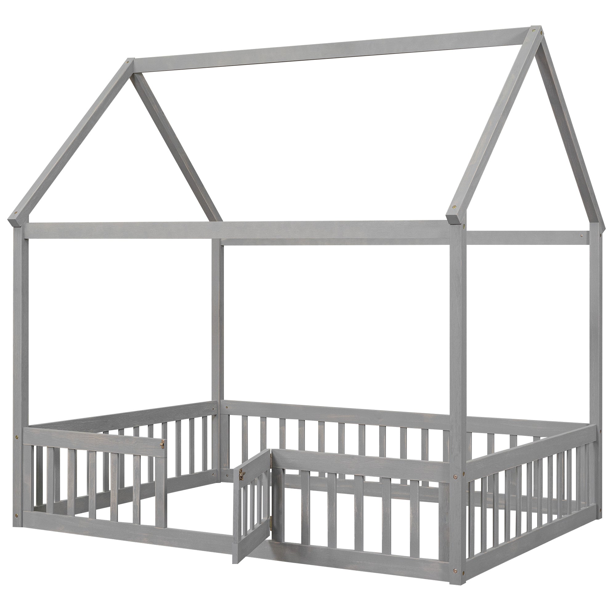 Full Size Wood House Bed with Fence and Door, Gray Wash