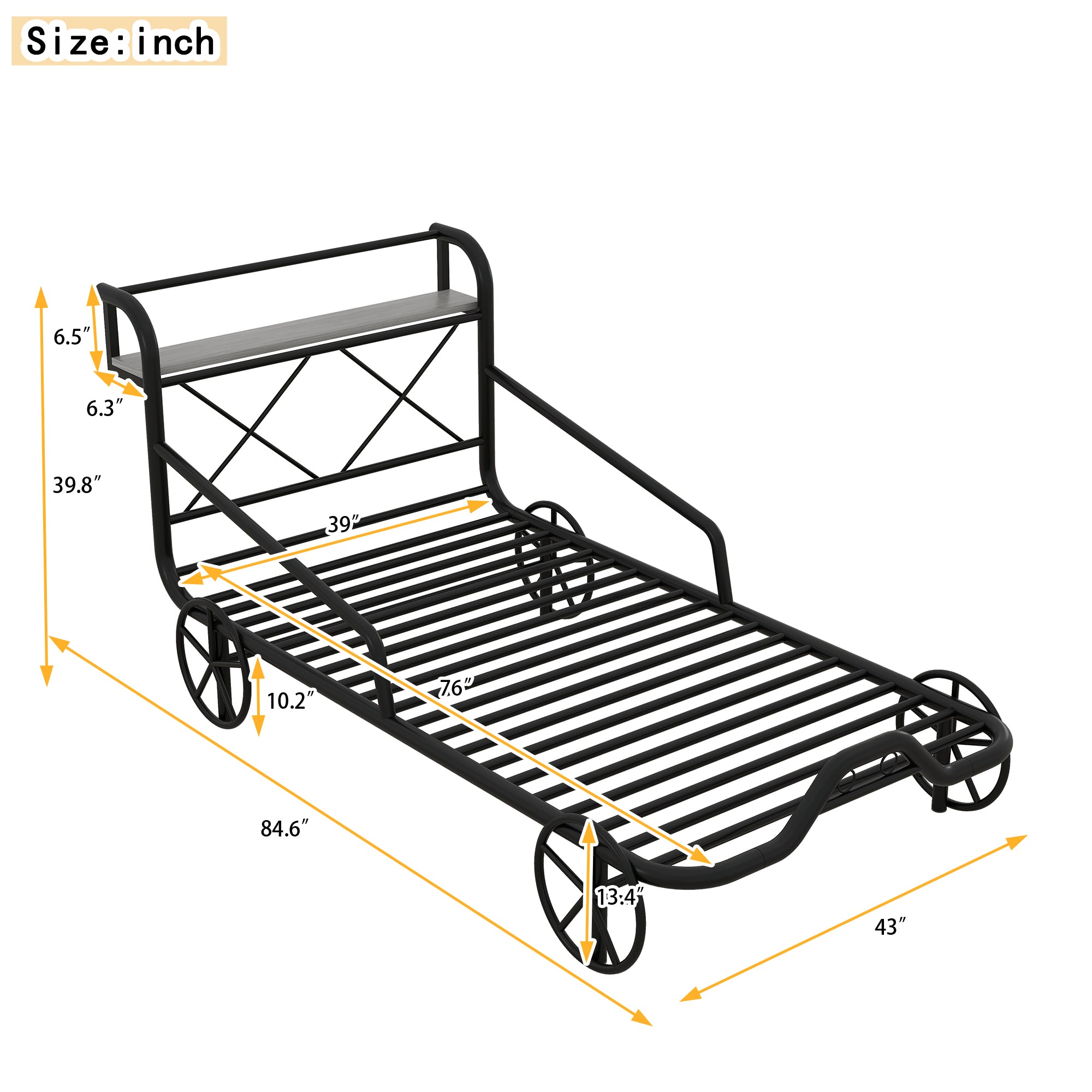 Twin Size Metal Car Bed with Four Wheels, Guardrails and X-Shaped Frame Shelf, Black(Old SKU: MF297599AAB)