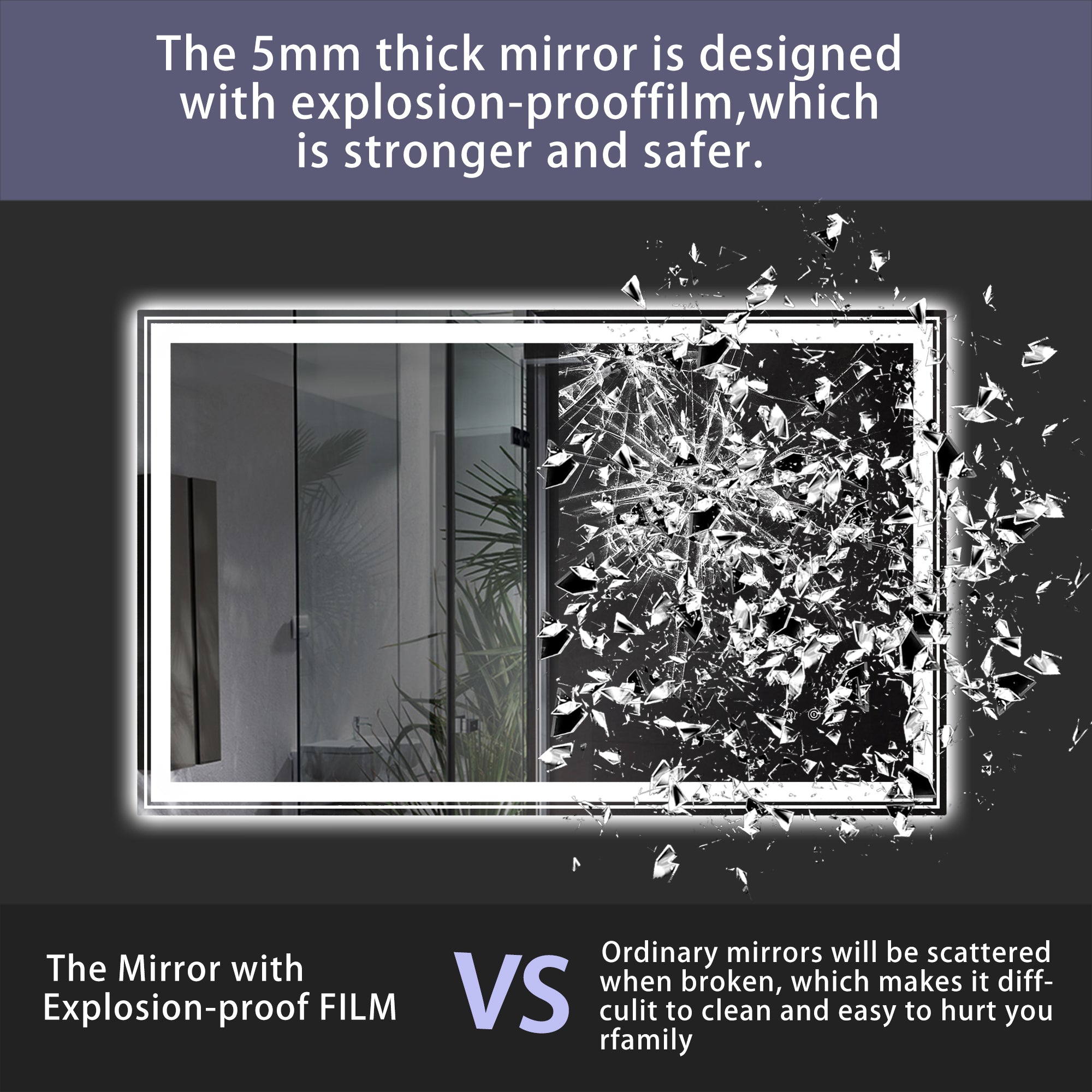 48×30 inch LED-Lit bathroom tempered mirror, wall mounted anti-fog memory Adjustable Brightness front and back light Rectangular Vanity mirror