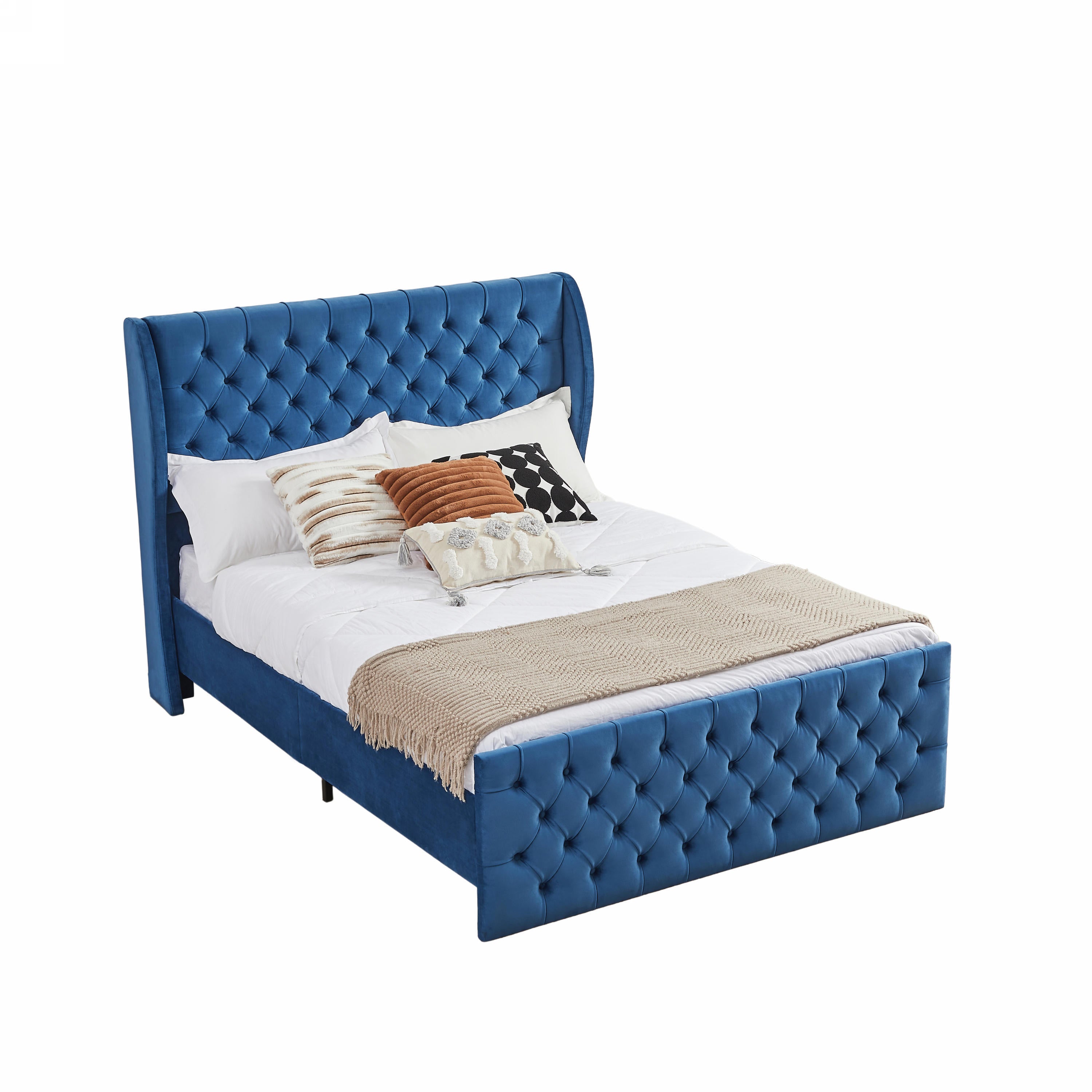 Rodeo Drive Collection Upholstered Wingback Velvet Fabric Chesterfield Bed/Button Tufted Headboard with Vintage Wing/Wood Slat Support/Easy Assemble. King-Blue