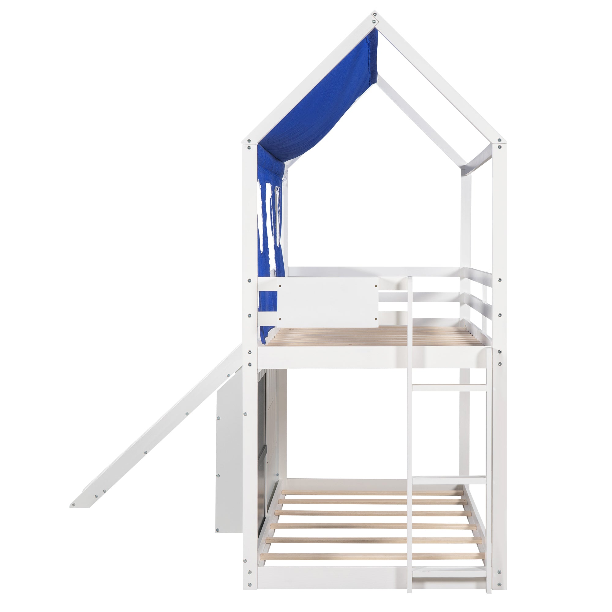 Twin over Twin House Bunk Bed with Blue Tent, Slide, Shelves and Blackboard, White