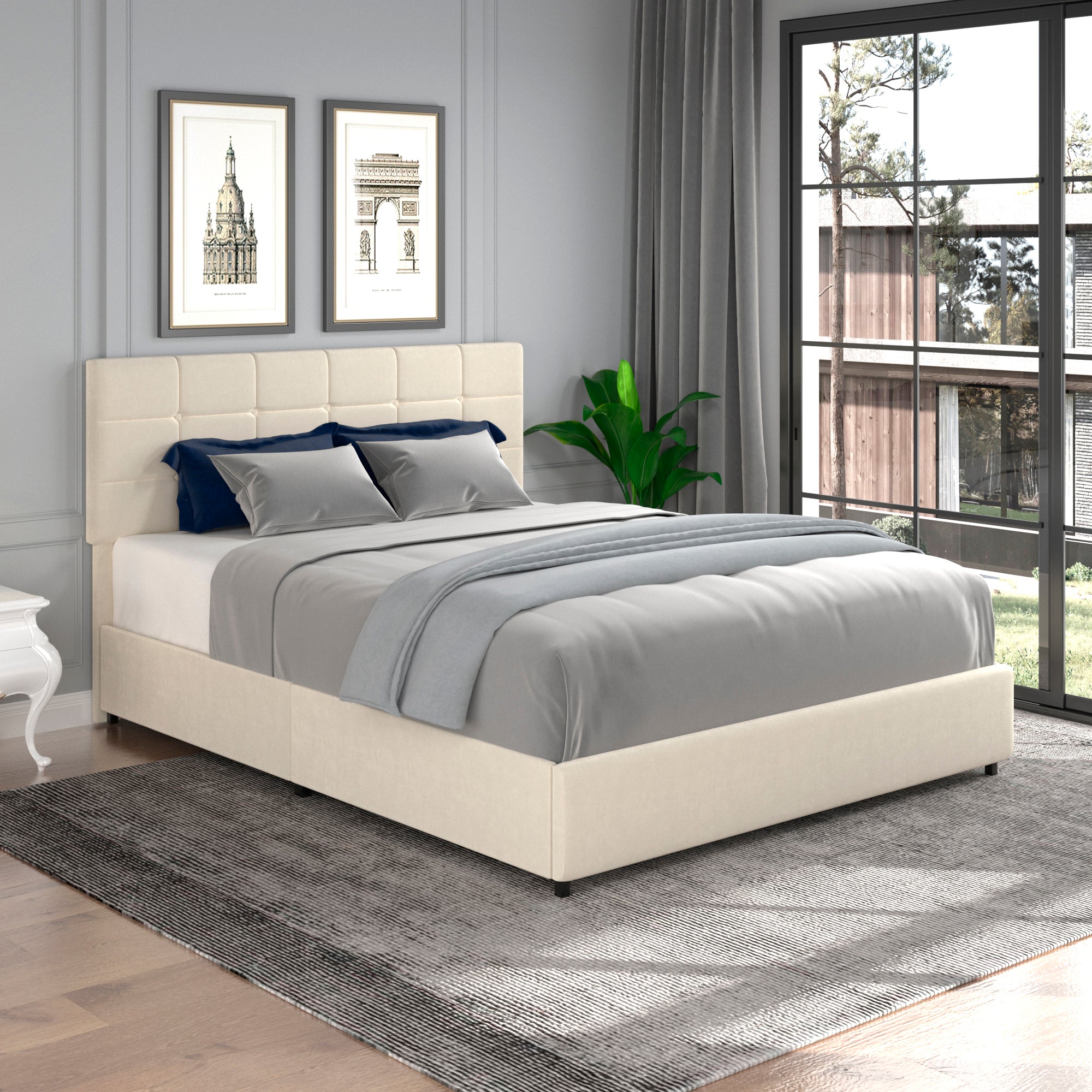 Vera Queen Size Ivory Velvet Upholstered Platform Bed with Patented 4 Drawers Storage, Square Stitched Button Tufted Headboard, Wooden Slat Mattress Support No Box Spring Required