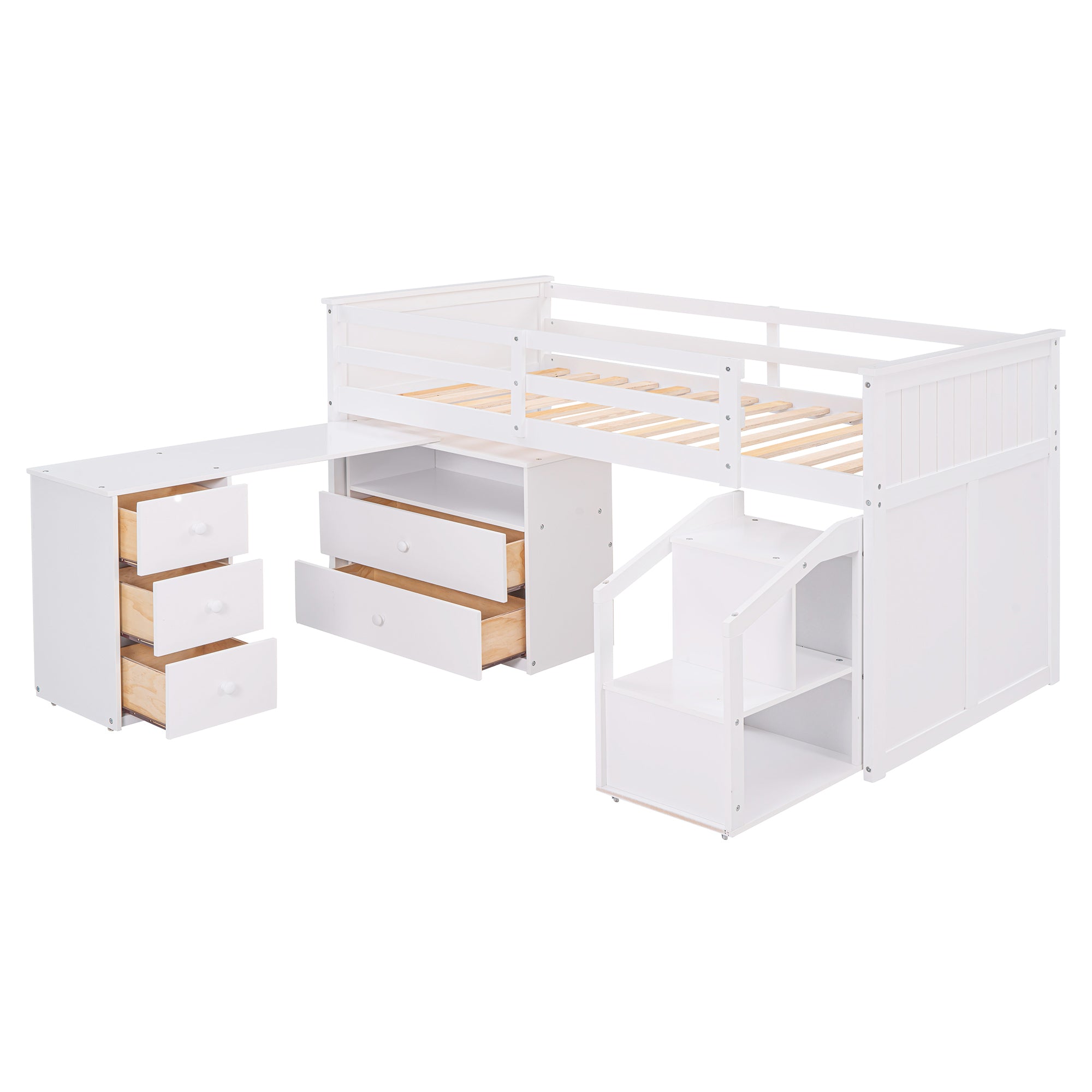 Loft Bed Low Study Twin Size Loft Bed With Storage Steps and Portable,Desk,White(OLD SKU: LT000101AAK)