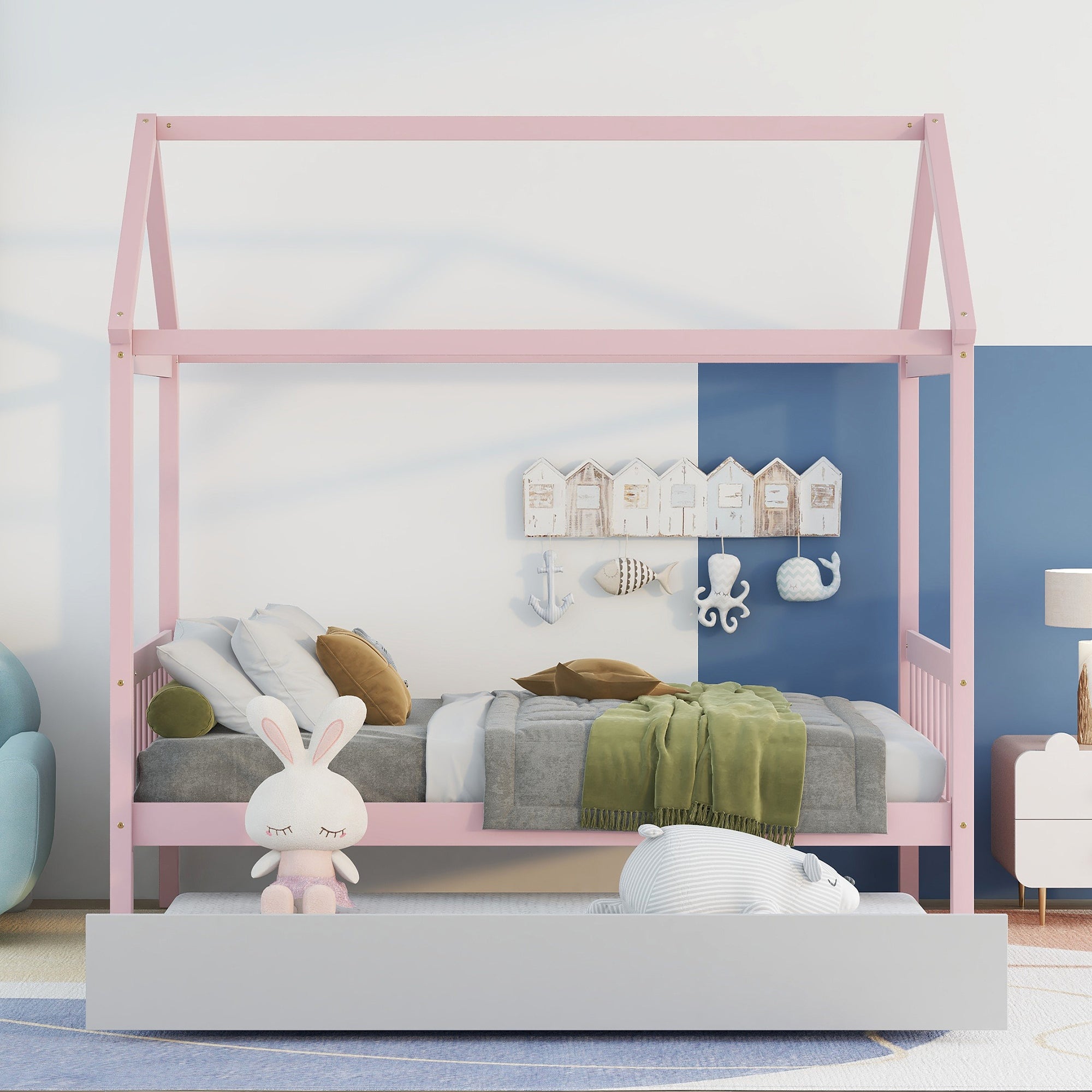 Solid Wood Twin House Bed Frame with Twin Size Trundle For Warm Pink Color, No Box Spring Needed