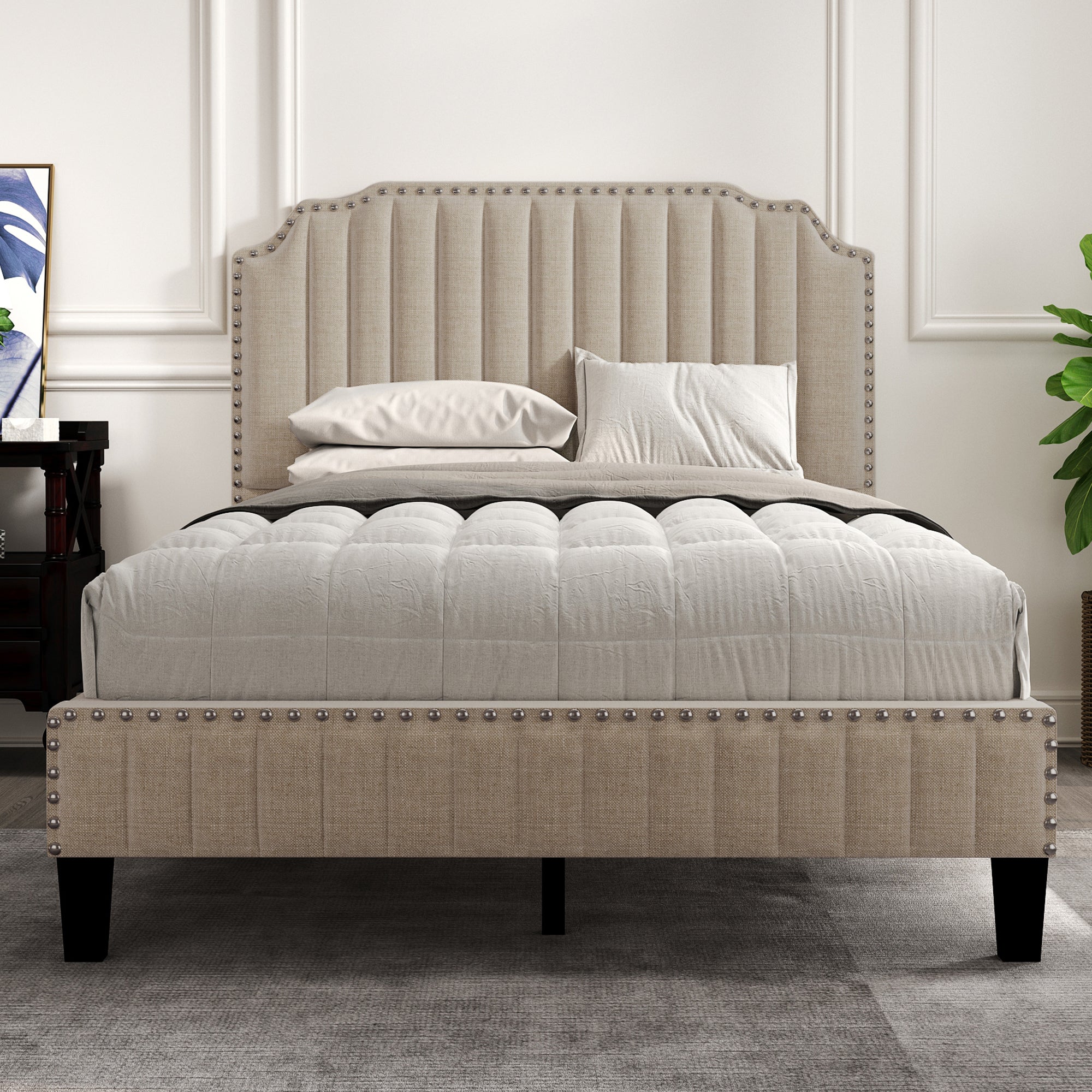 3 Pieces Bedroom Set Modern Linen Curved Upholstered Beige Platform Full Bed with Two Black Cherry Nightstands
