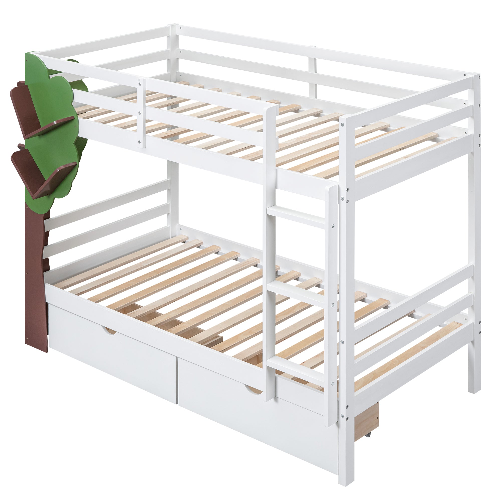 Twin-Over-Twin Bunk Bed with a Tree Decor and Two Storage Drawers, White