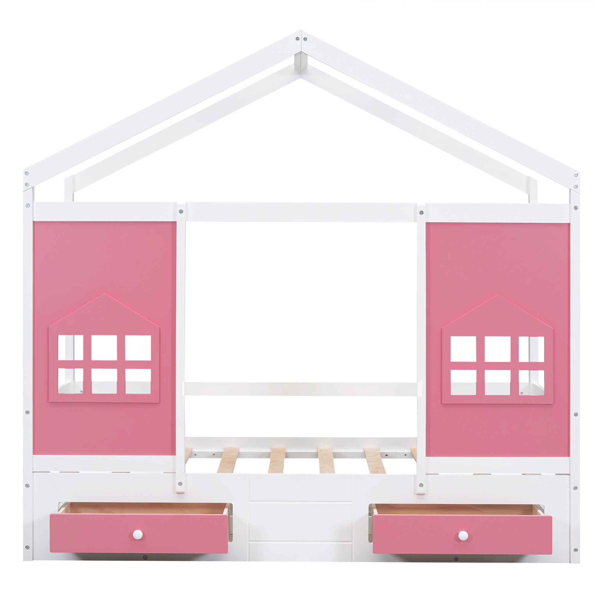 Twin Size Wood House Bed with 2 Drawers and Window Decoration, White+Pink