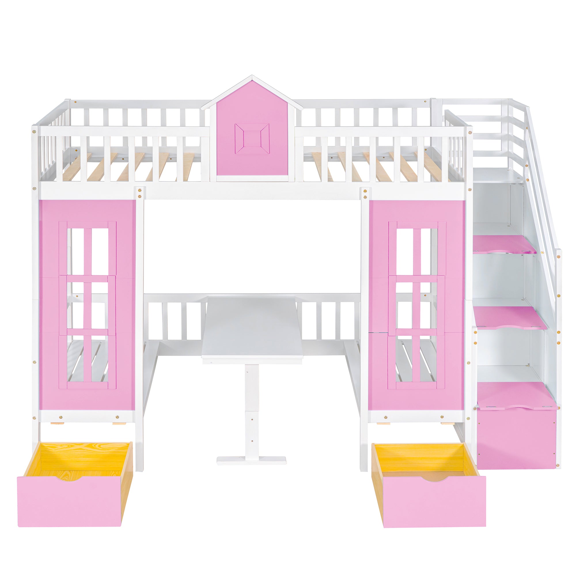 Twin-Over-Twin Bunk Bed with Changeable Table , Bunk Bed Turn into Upper Bed and Down Desk with 2 Drawers - Pink
