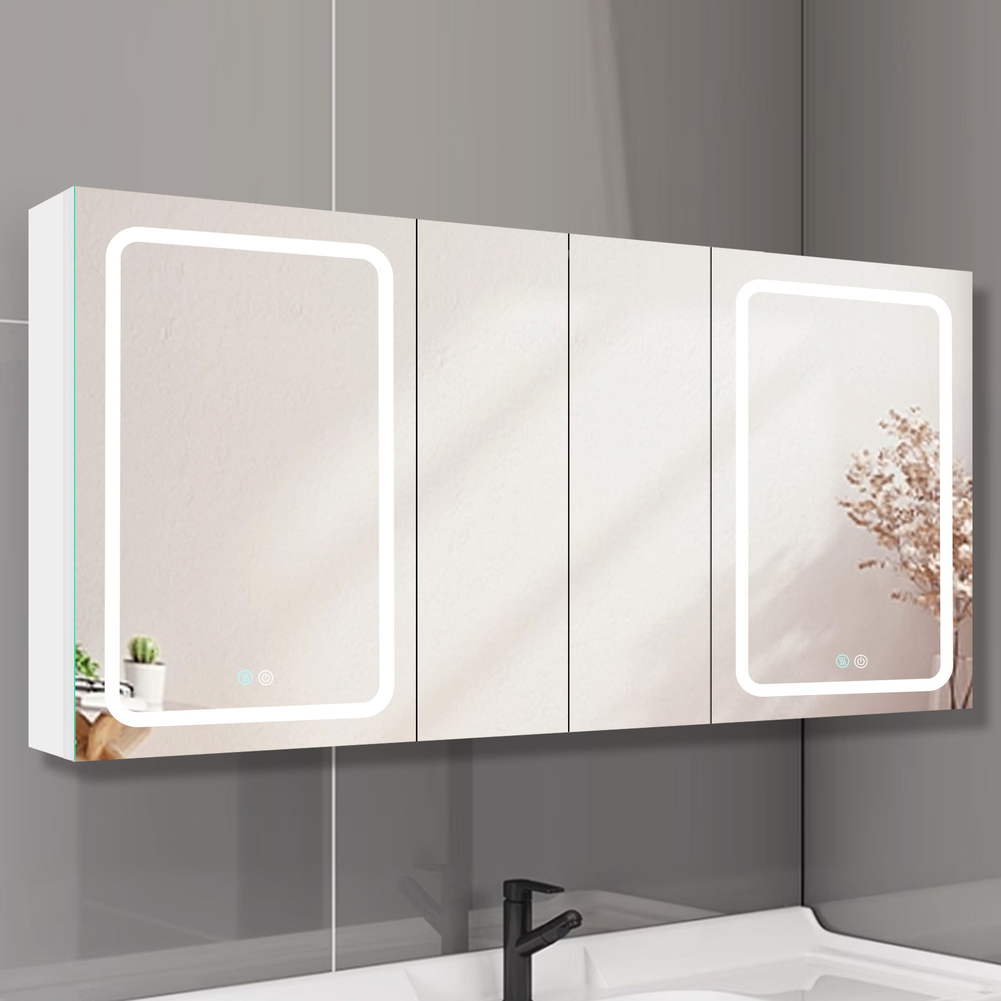 60x30 Inch LED Bathroom Medicine Cabinet Surface Mount Double Door Lighted Medicine Cabinet, Medicine Cabinets for Bathroom with Mirror Defogging, Dimmer White