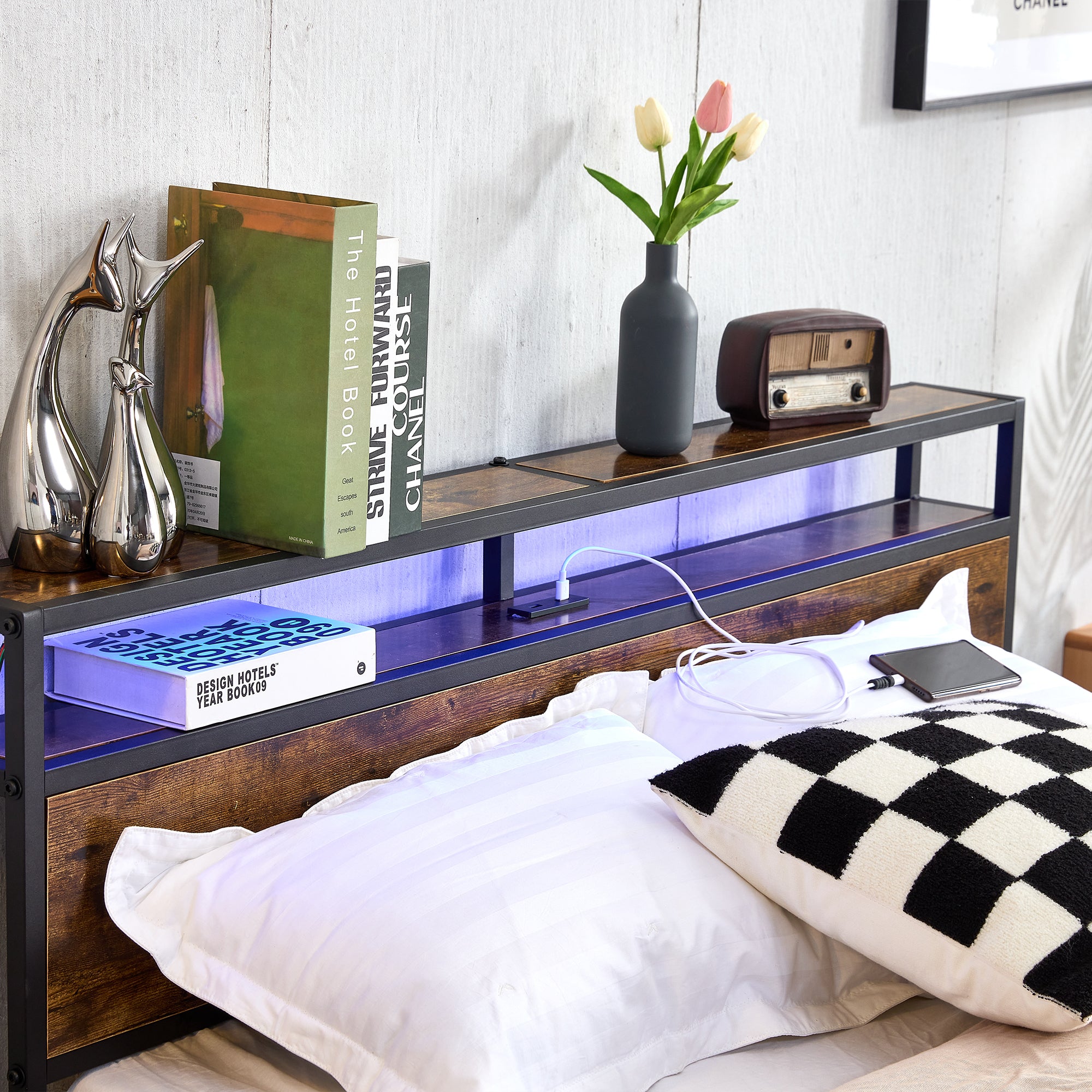 Industrial QUEEN Bed Frame with LED Lights and 2 USB Ports, Bed Frame Full Size with Storage, Noise Free, No Box Spring Needed, Rustic Brown