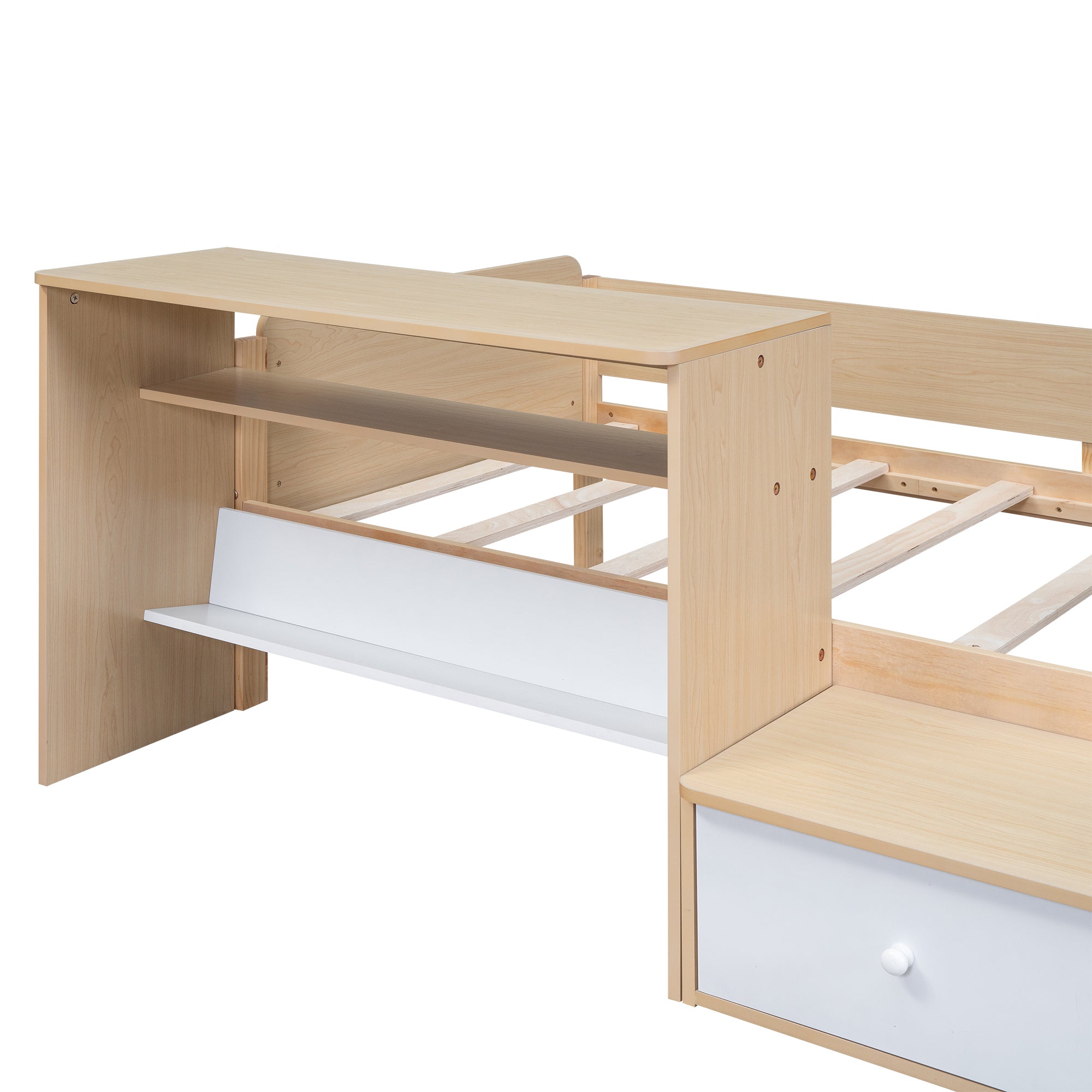 Wood Twin Size Platform Bed with 2 Drawers and 1 Chair&Desk Set, Natural+White(Expected Arrival Time: 11.22)