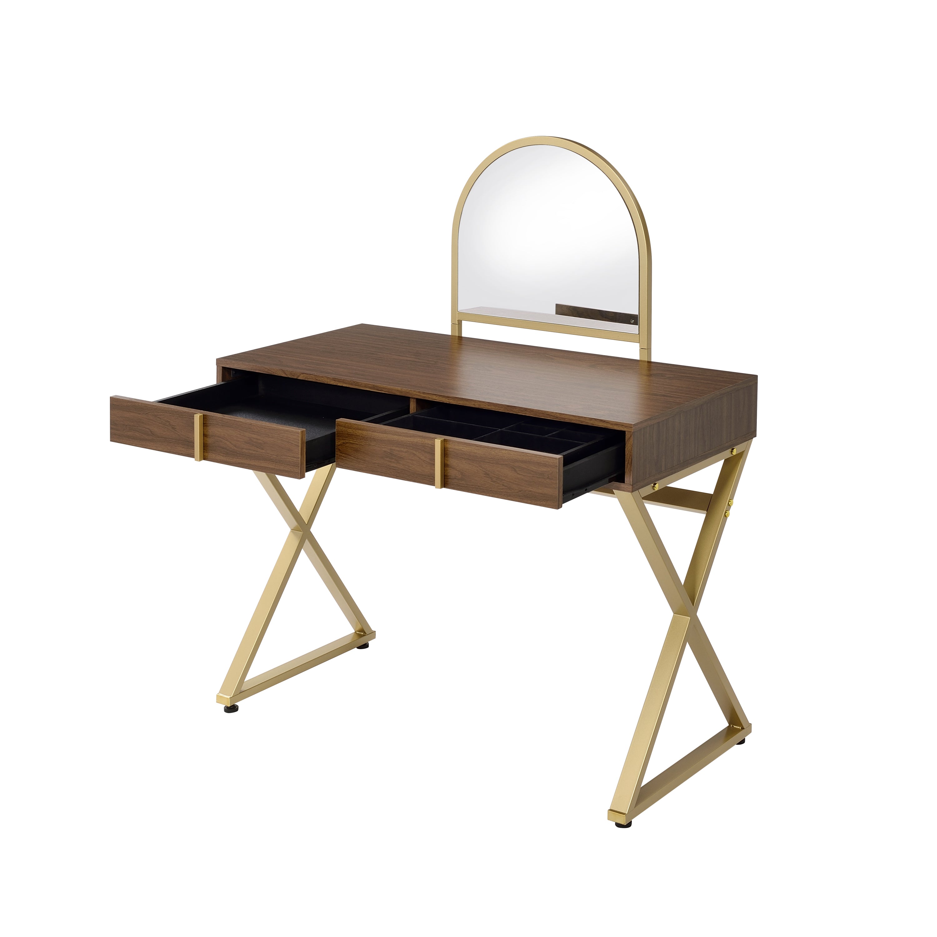 Coleen Vanity Desk w/Mirror & Jewelry Tray in Walnut & Gold Finish AC00665