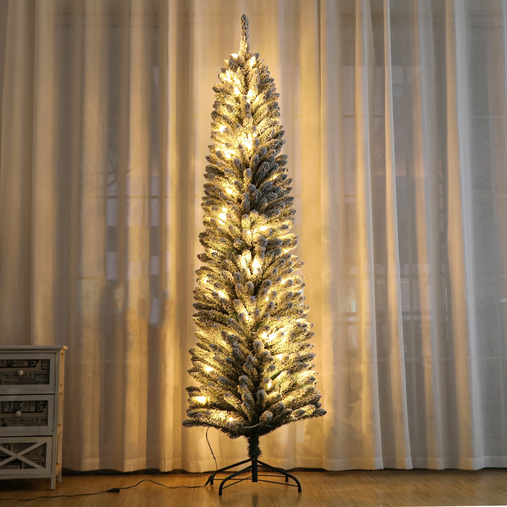 7 Feet Prelit Snow Flocked Pencil Christmas Tree Decoration 150 LED UL Plug Warm Lights 570 Branch Artificial Slim Xmas Tree Indoor Outdoor Home Decor Holiday