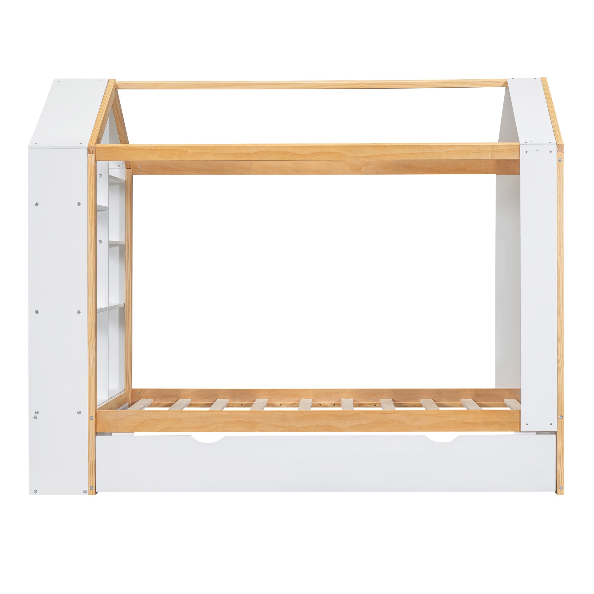 Twin Size House Platform Bed with Storage Shelves and Twin Size Trundle, White