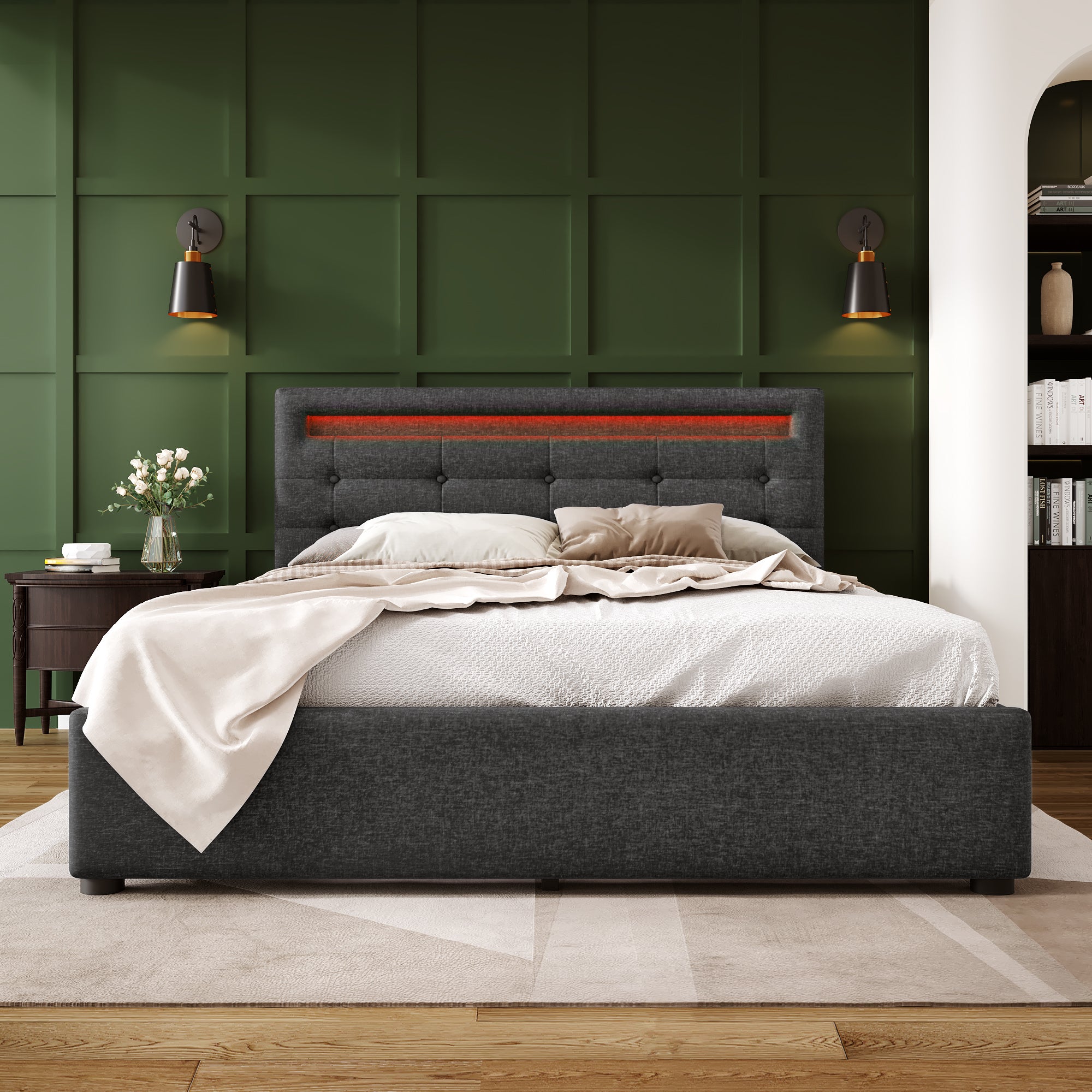 Bed Frame Full Size, Upholstered Platform Bed Frame with 4 Storage Drawers and LED Lights & Adjustable Headboard,No Box Spring Needed,Grey