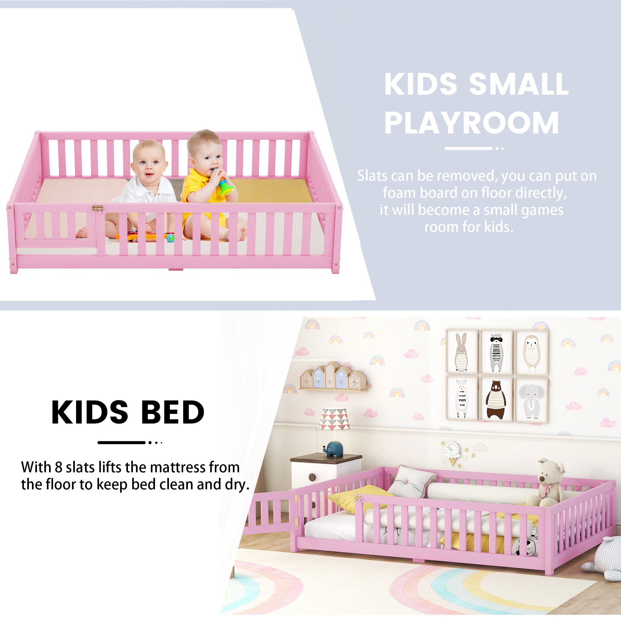Full Size Bed Floor Bed with Safety Guardrails and Door for Kids, Pink (Expect Arrival Date Nov.2nd)