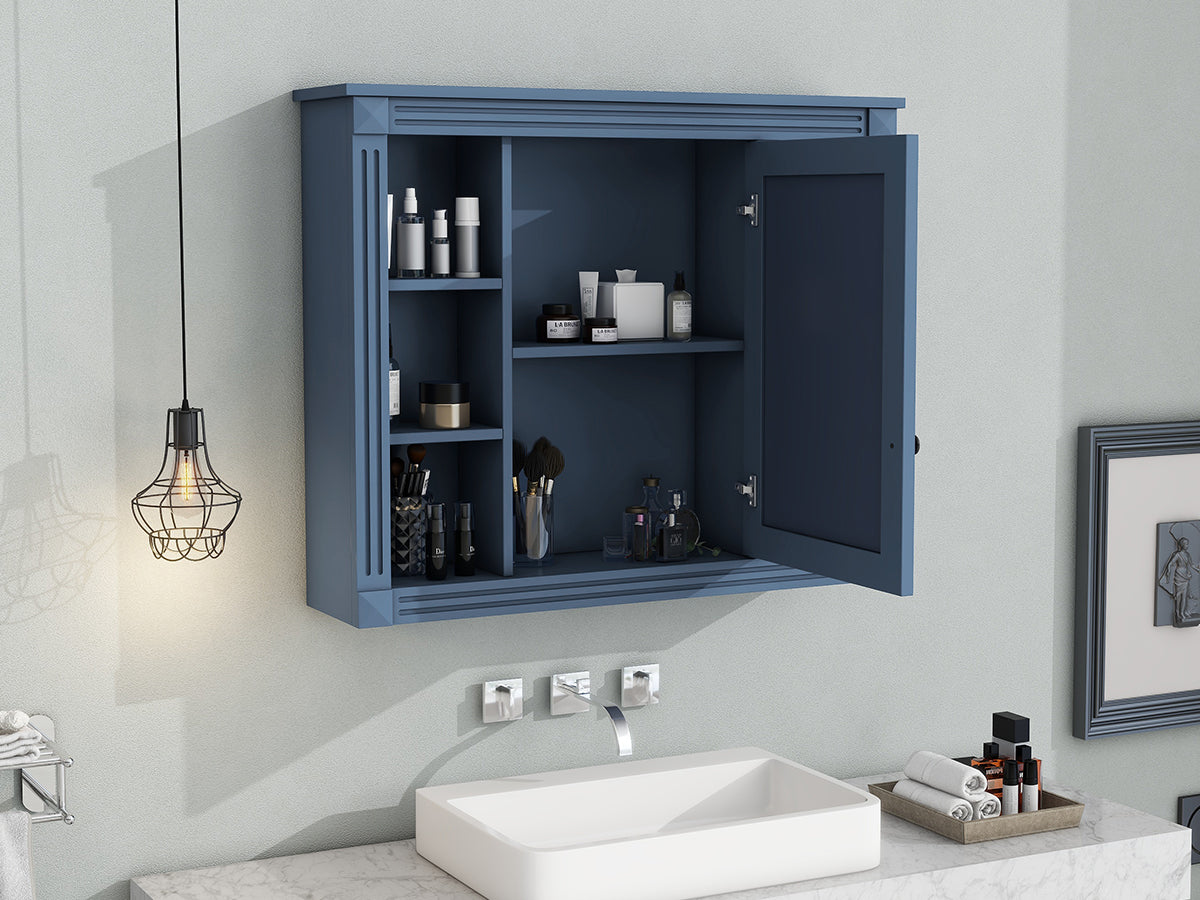 35'' x 28'' Royal Blue Wall Mounted Bathroom Storage Cabinet, Modern Bathroom Wall Cabinet with Mirror, Mirror Cabinet with 6 Open Shelves