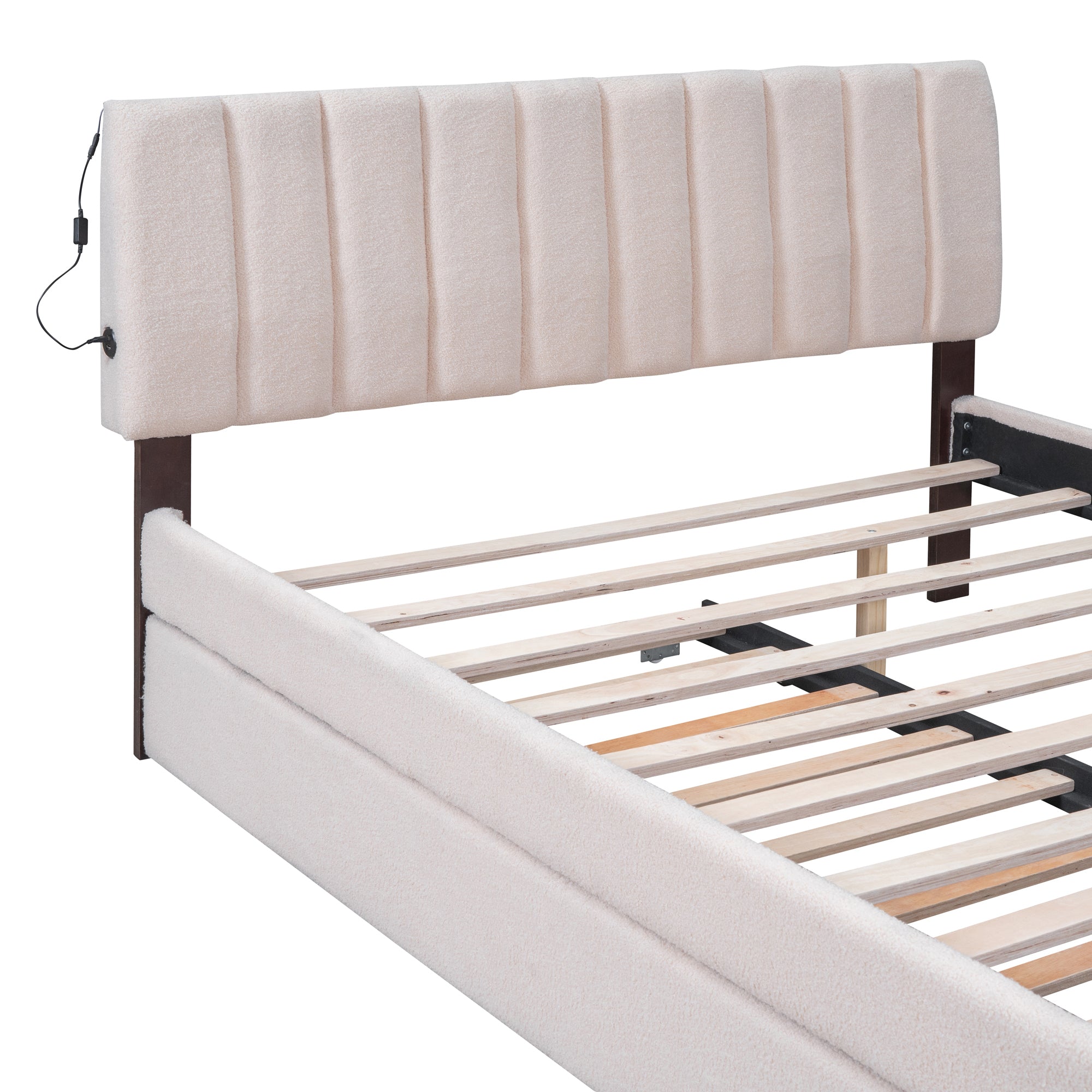 Teddy Fleece Queen Size Upholstered Platform Bed with Trundle, Beige