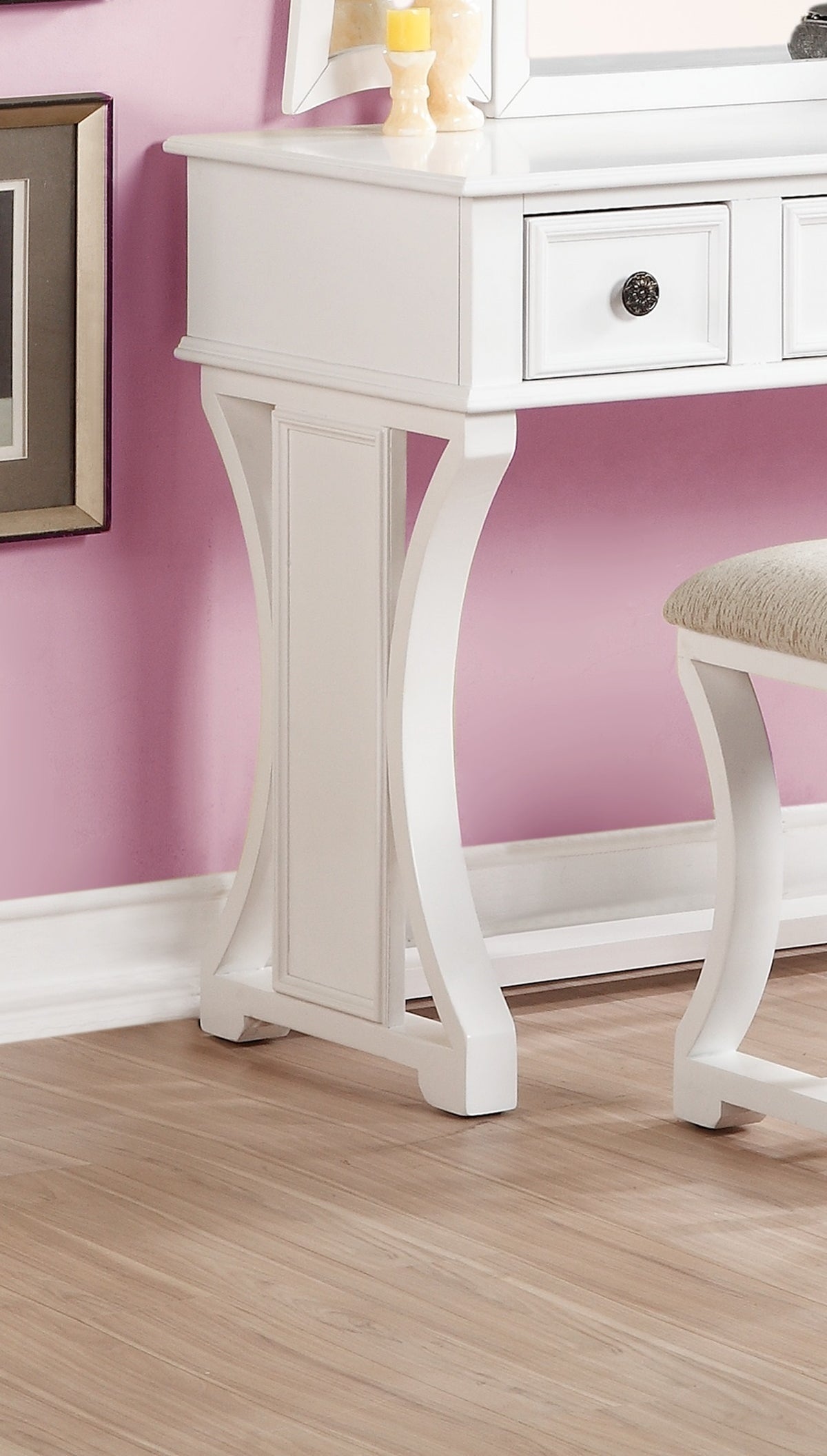 Unique Modern Bedroom Vanity Set w Stool Foldable Mirror Drawers White Color MDF Veneer 1pc Vanity Furniture