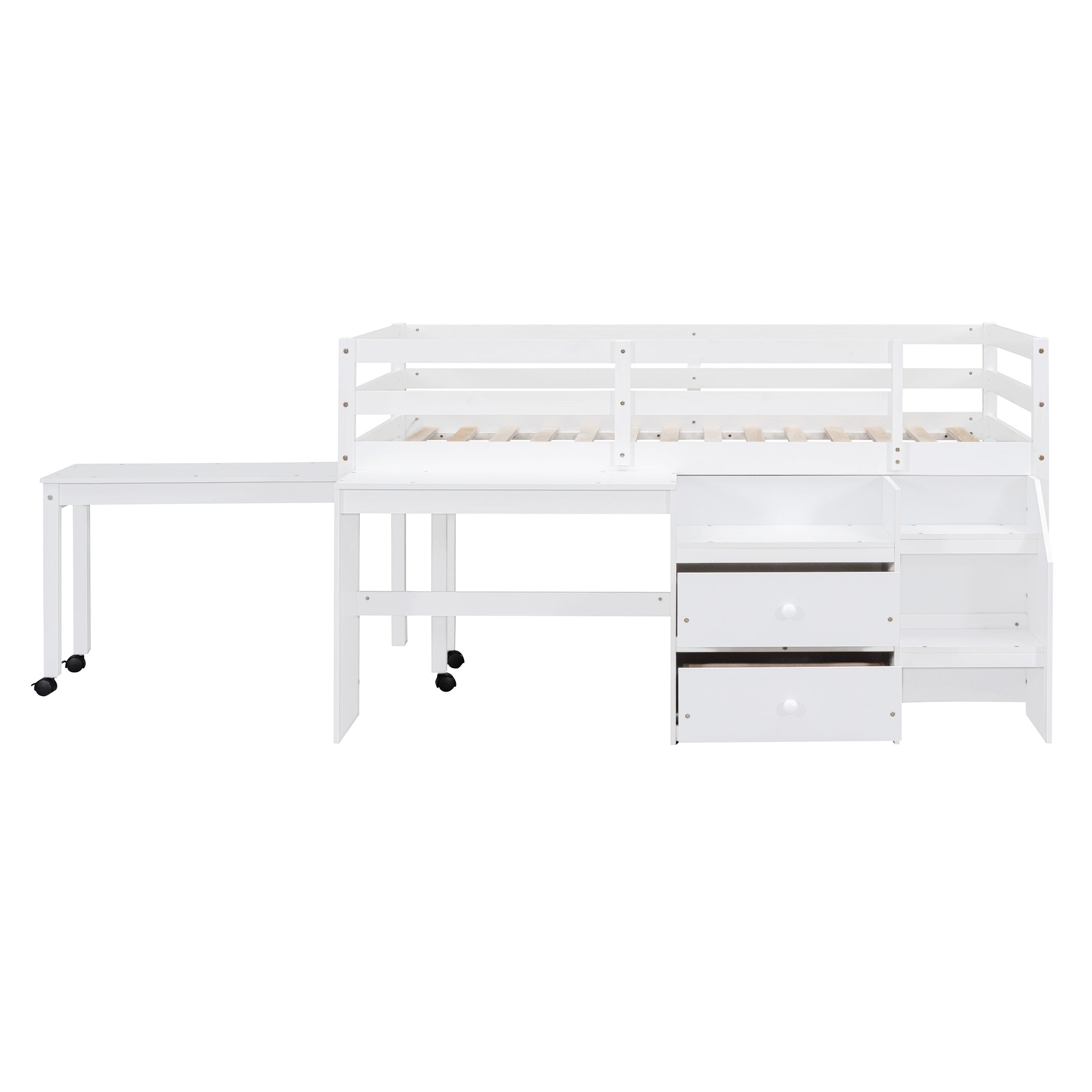 Twin Size Loft Bed with Desk and Drawers, Wooden Loft Bed with Lateral Portable Desk, White