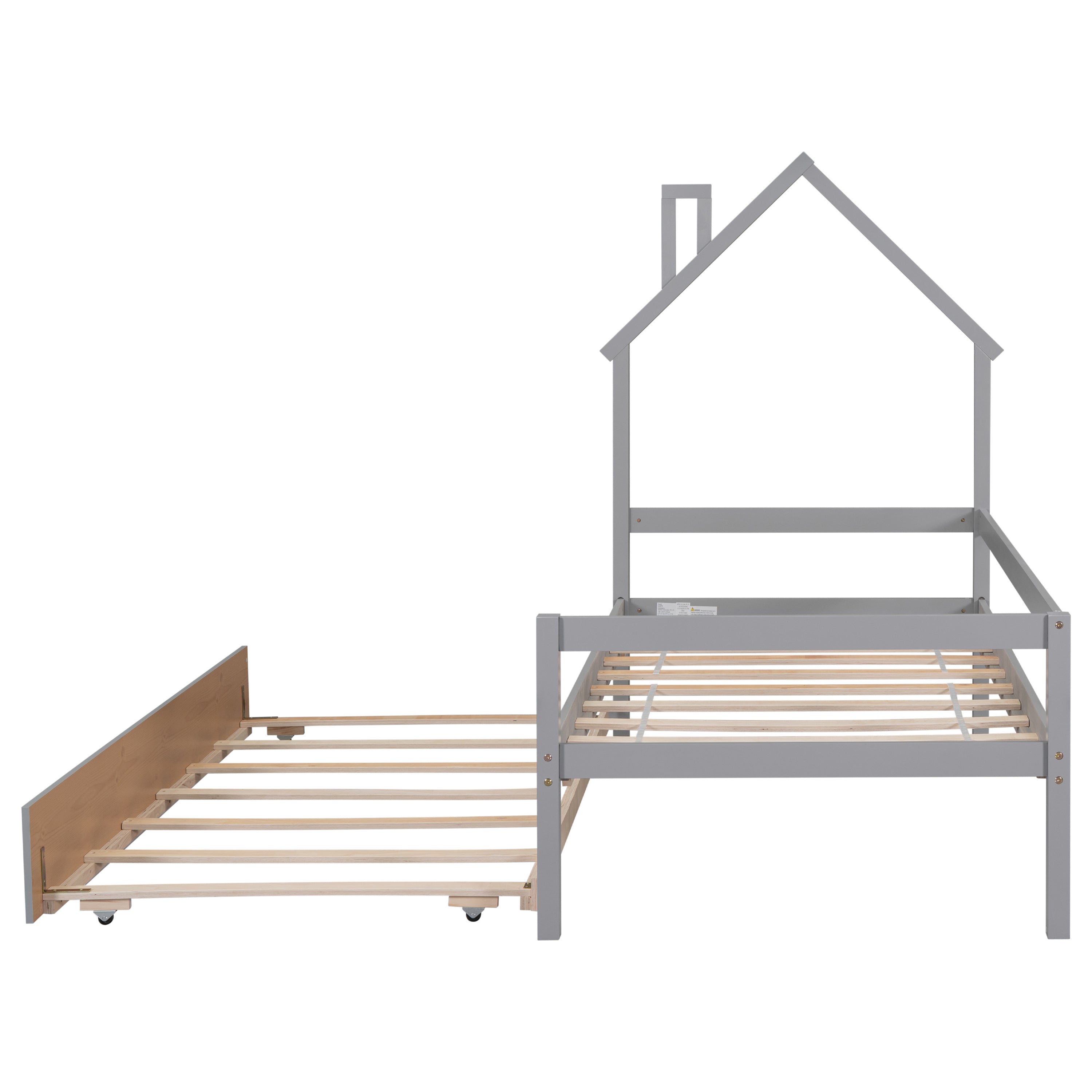 Twin Wooden Daybed with trundle, Twin House-Shaped Headboard bed with Guardrails,Grey