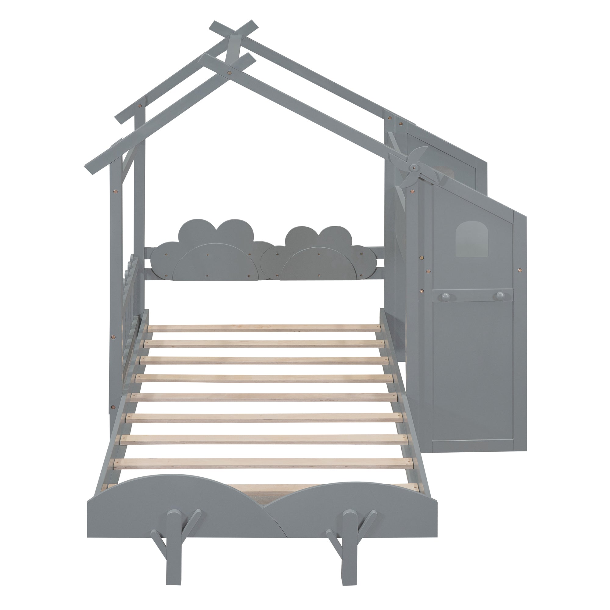 Twin Size Platform Bed with Windmill and Flower Decor, House Bed with Desk and two Handles, Gray