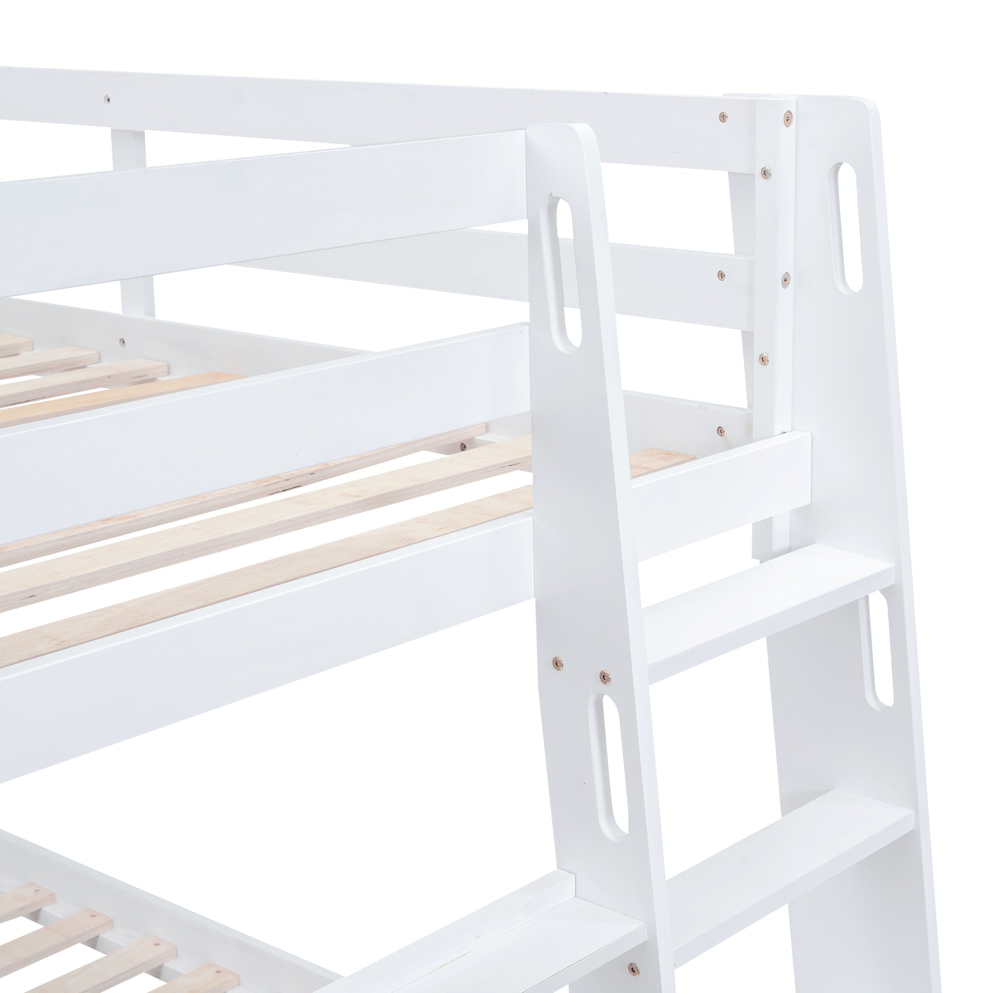 Twin over Twin Bunk Bed with Shelves and Built-in Ladder, White