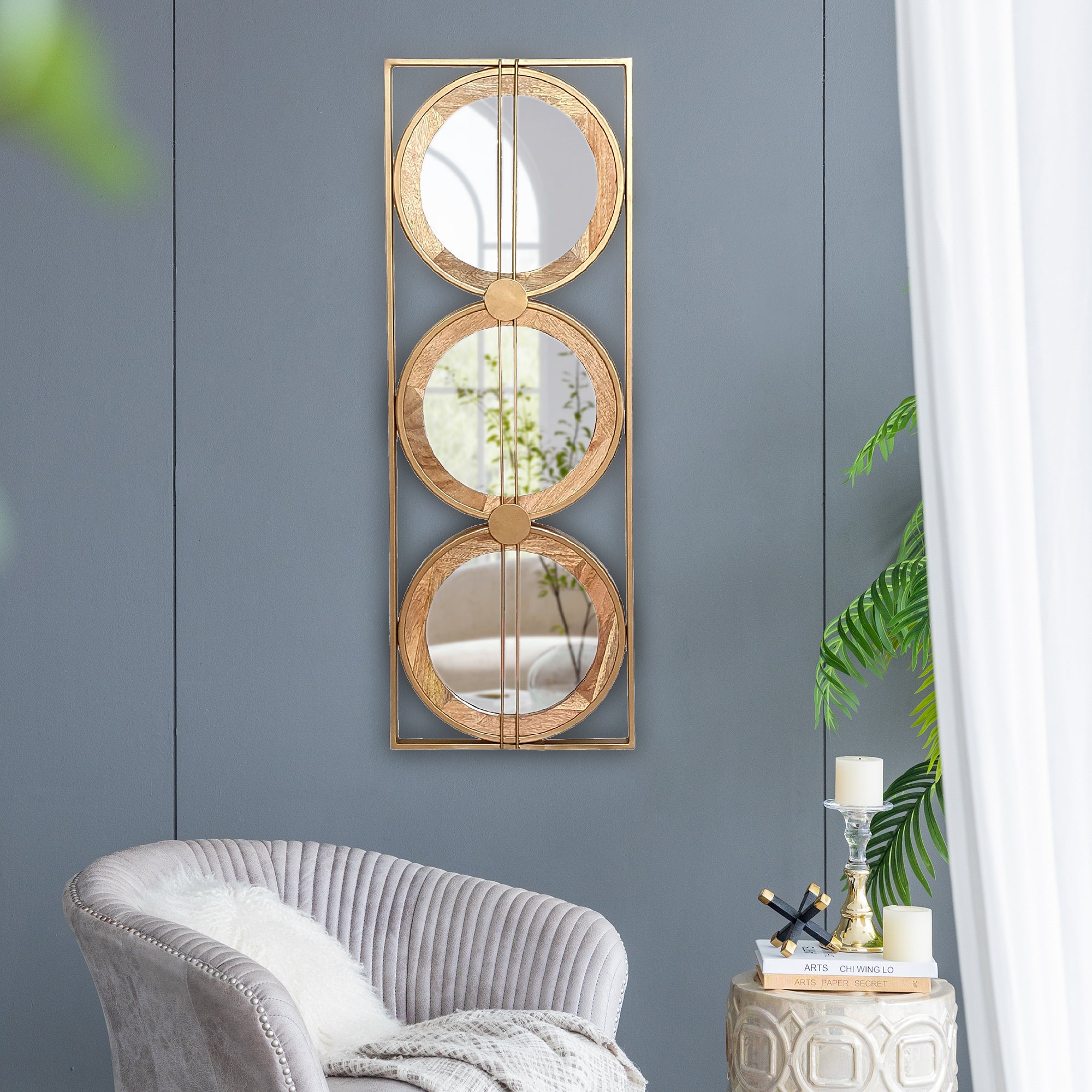 3 Mirror Piece Wall Mirror in Gold Rectangular Frame, Home Wall Decor for Bedroom Living Room, 40"x14"