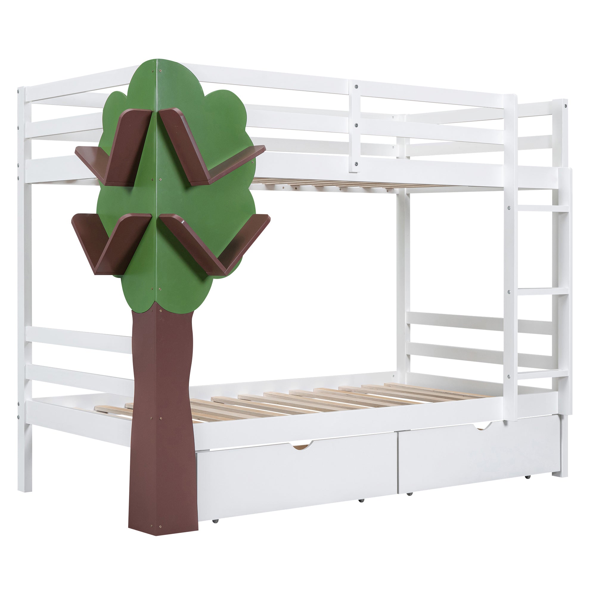 Twin-Over-Twin Bunk Bed with a Tree Decor and Two Storage Drawers, White
