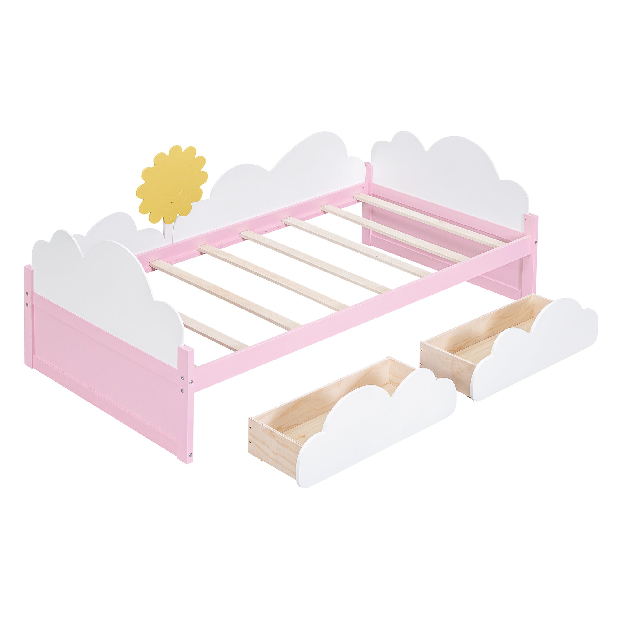 Twin Size Bed with Clouds and Sun Decor, Platform Bed with 2 Drawers (White+Pink)