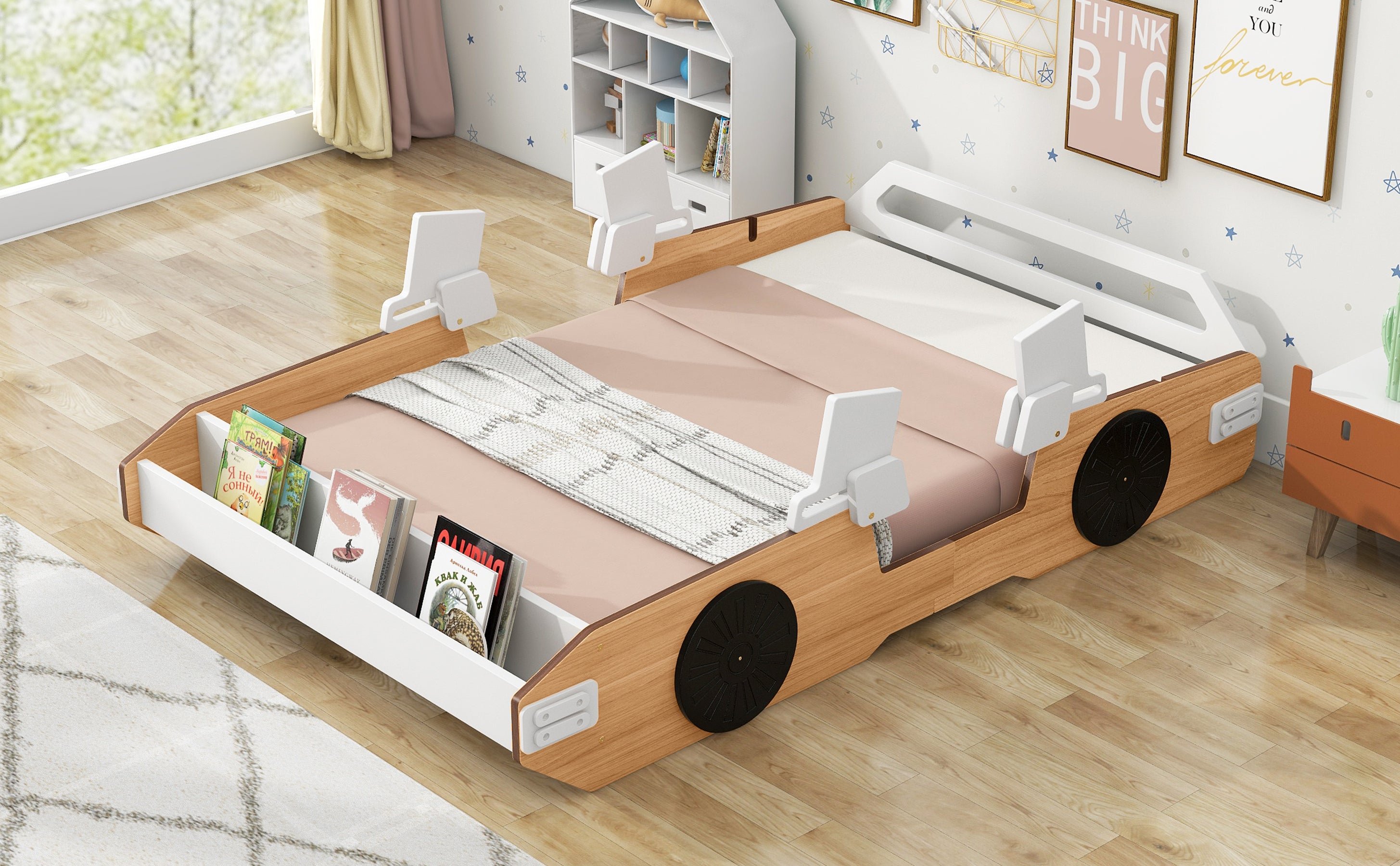 Wood Twin Size Racing Car Bed with Door Design and Storage, Natural+White+Black
