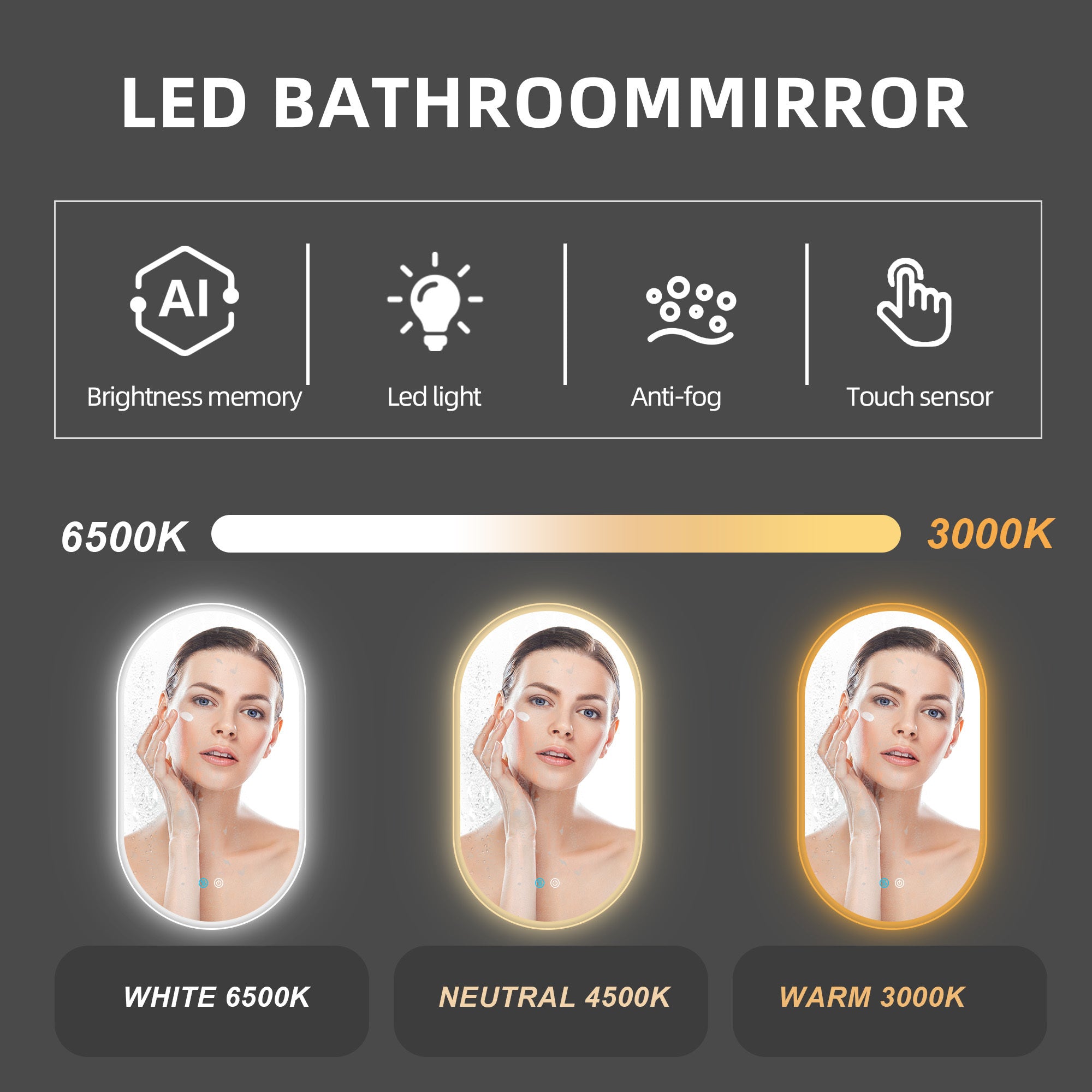 Three-color Smart Bathroom Mirror with Light, Frameless Smart Vanity Mirror Hanging Vertically