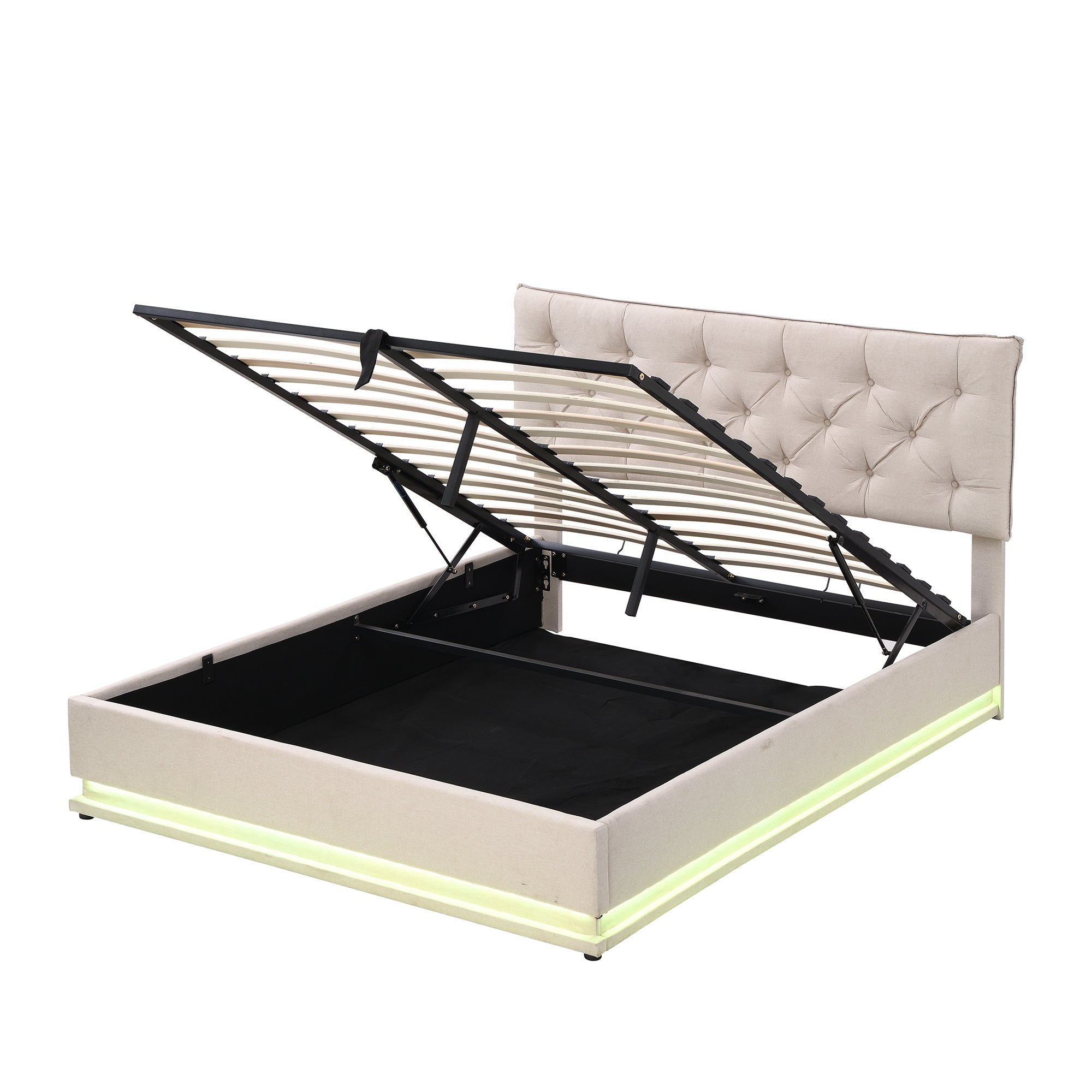 Queen Size Upholstered Bed with Hydraulic Storage System and LED Light, Modern Platform Bed with Button-tufted Design Headboard, Beige