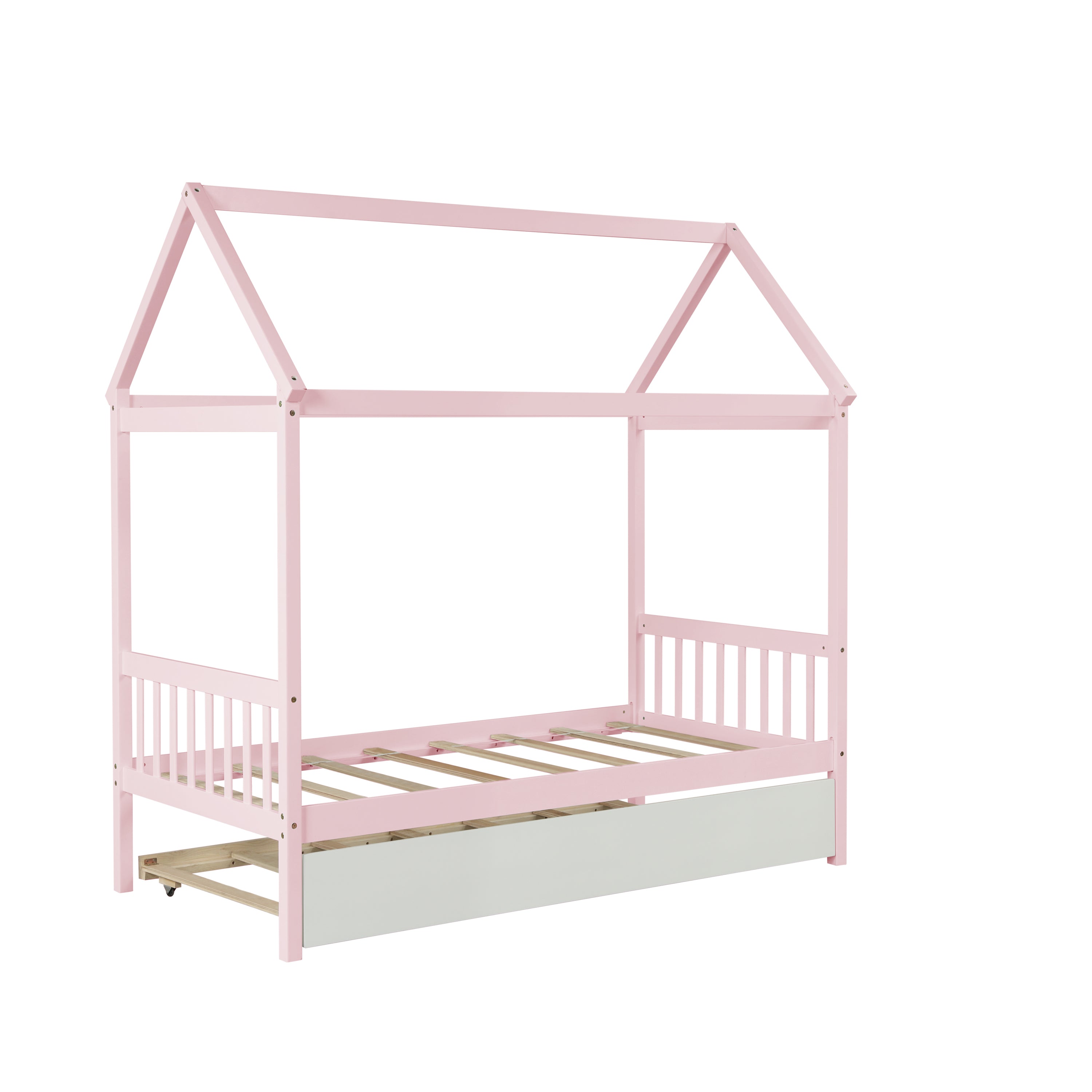 Solid Wood Twin House Bed Frame with Twin Size Trundle For Warm Pink Color, No Box Spring Needed