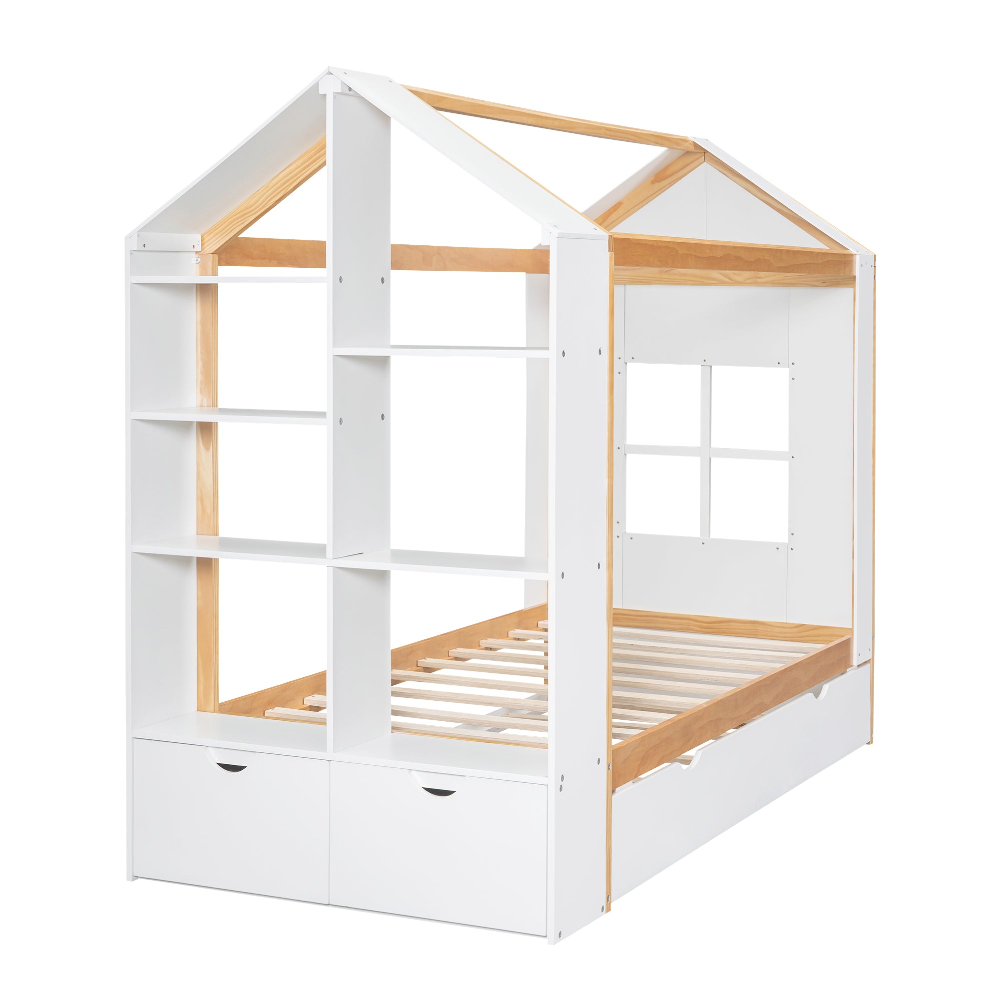Twin Size House Platform Bed with Storage Shelves and Twin Size Trundle, White