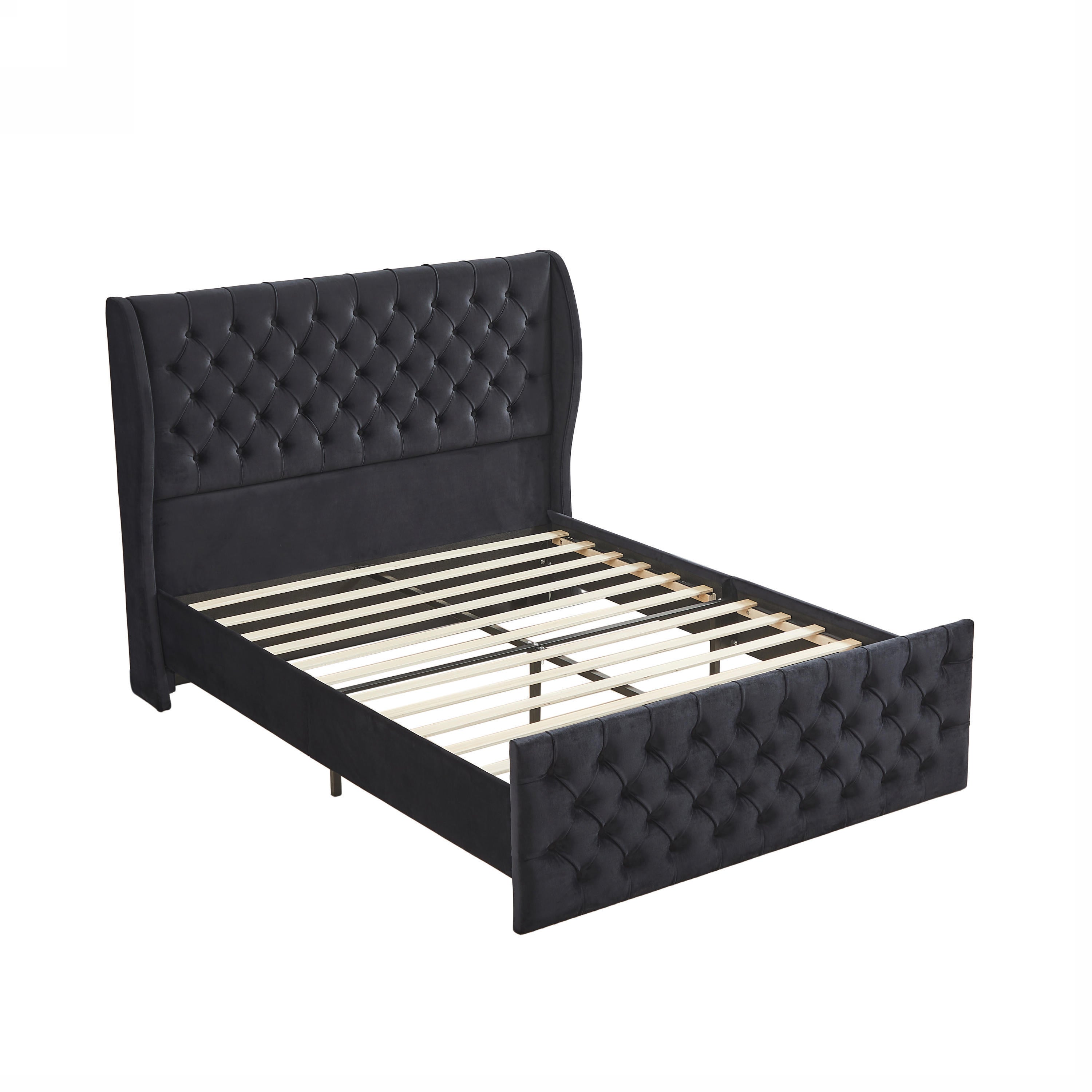 Rodeo Drive Collection Upholstered Wingback Velvet Fabric Chesterfield Bed/Button Tufted Headboard with Vintage Wing/Wood Slat Support/Easy Assemble. Queen-Black