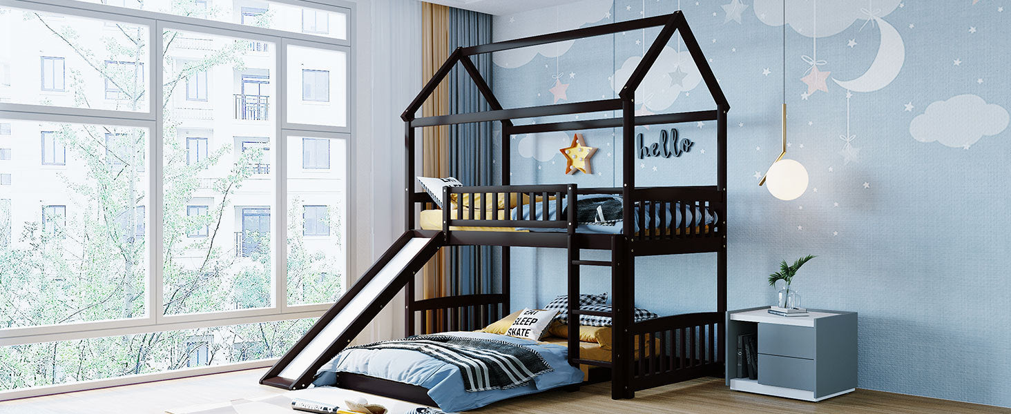Twin Over Twin Bunk Bed with Slide, House Bed with Slide, Espresso(OLD SKU: LT000214AAP)