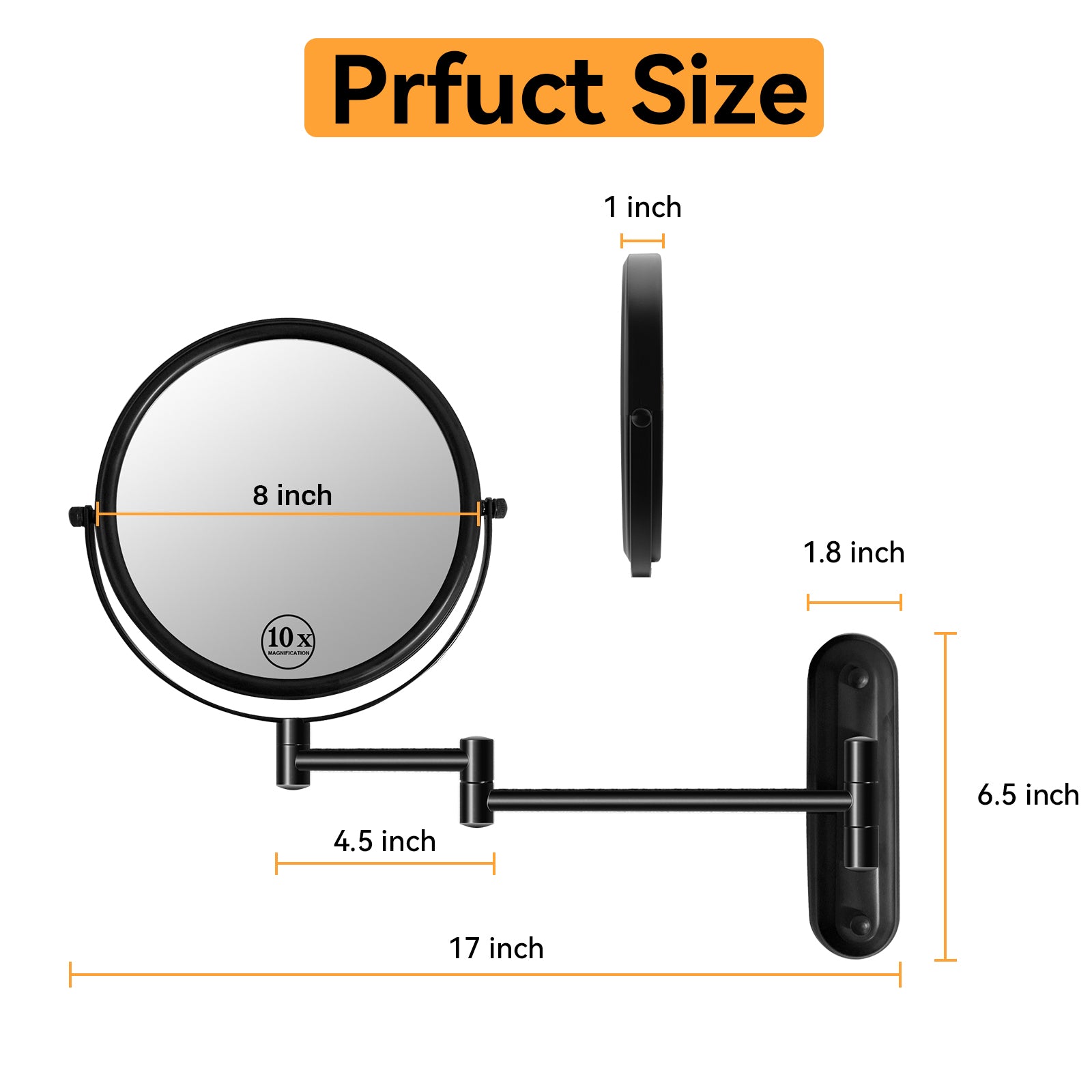 8 Inch Wall Mounted Makeup Vanity Mirror, Double Sided 1x/10x Magnifying Mirror, 360° Swivel with Extension Arm Bathroom Mirror (Black)