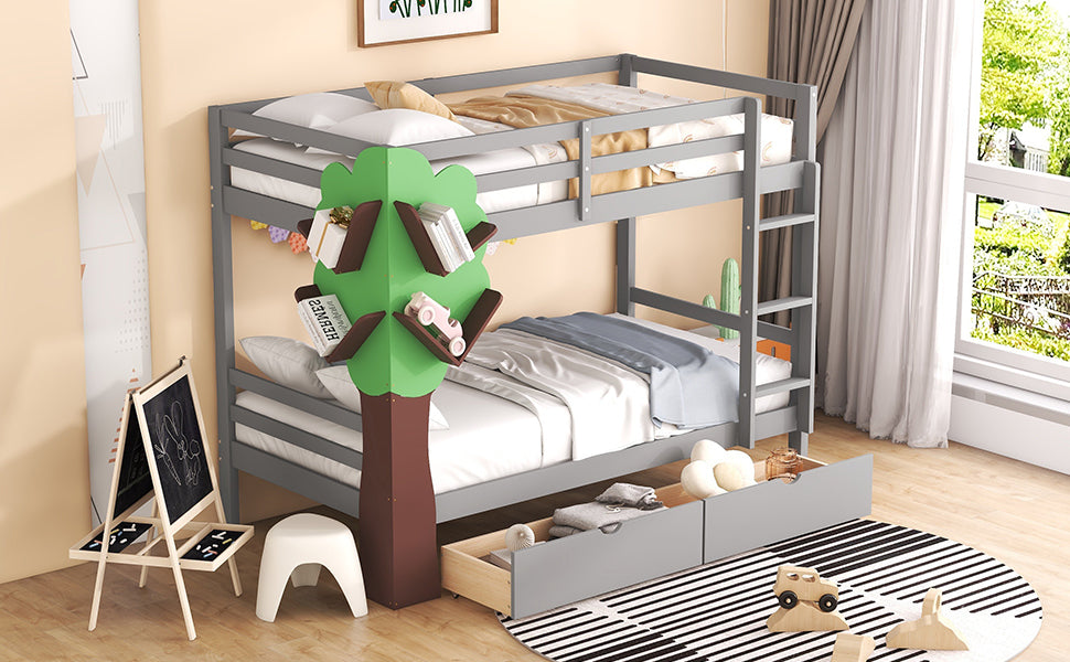 Twin-Over-Twin Bunk Bed with a Tree Decor and Two Storage Drawers, Gray