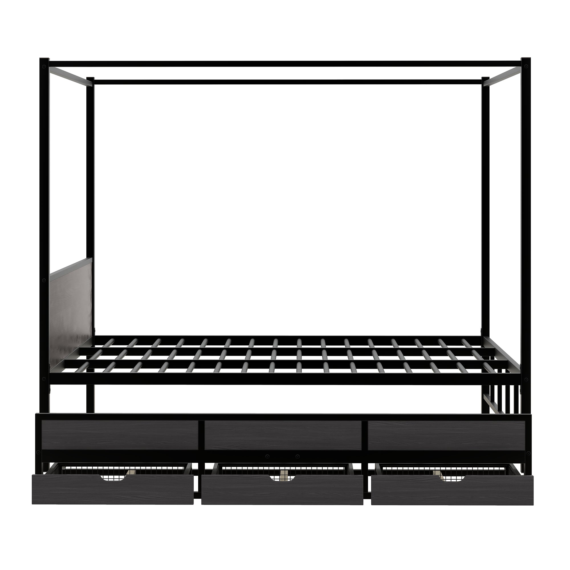 Queen Size Metal Canopy Platform Bed with Twin Size Trundle and 3 Storage Drawers, Black