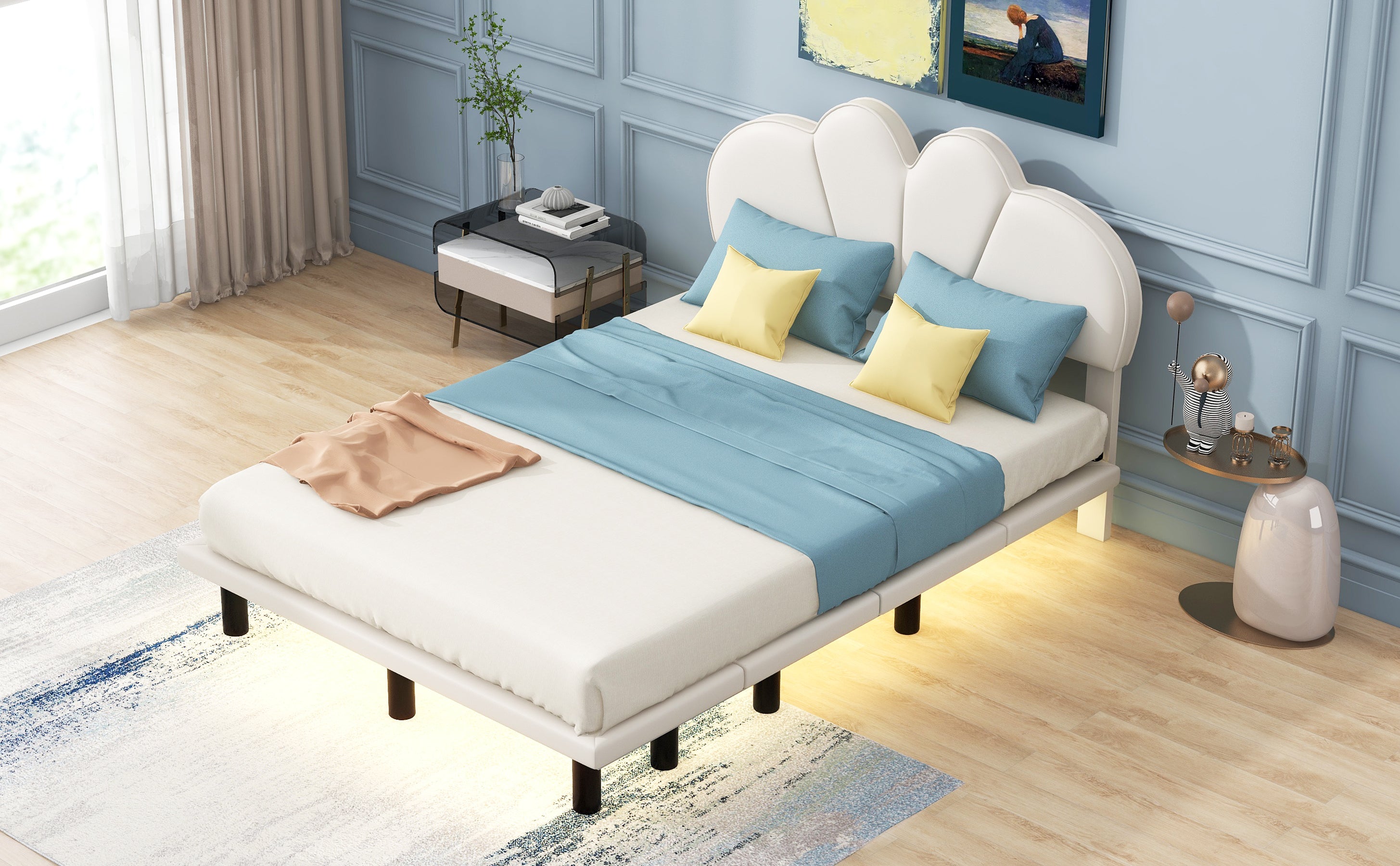 Full Size Upholstery Platform Bed with PU Leather Headboard and Support Legs,Underbed LED Light,Beige