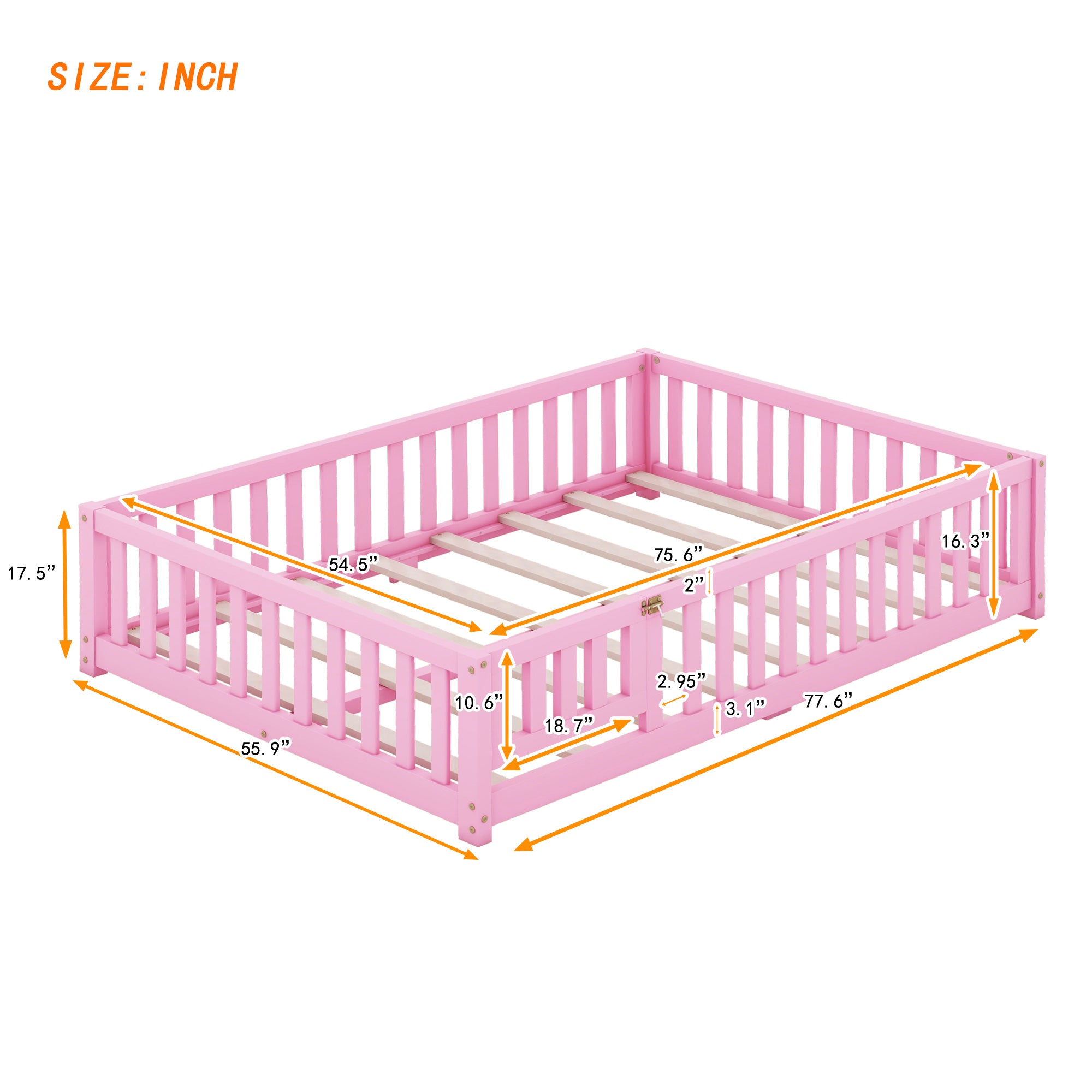 Full Size Bed Floor Bed with Safety Guardrails and Door for Kids, Pink (Expect Arrival Date Nov.2nd)