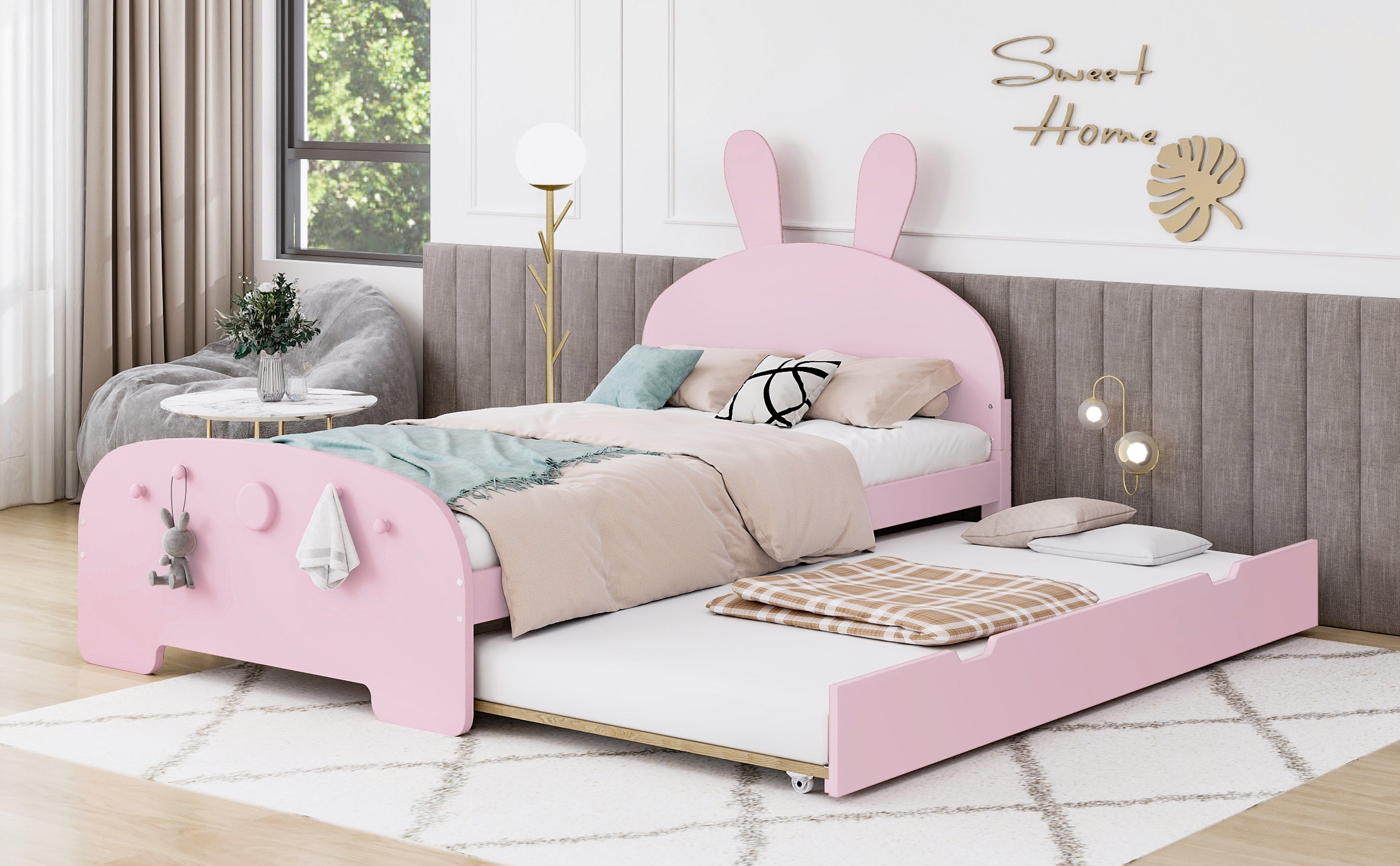 Wood Twin Size Platform Bed with Cartoon Ears Shaped Headboard and Trundle, Pink