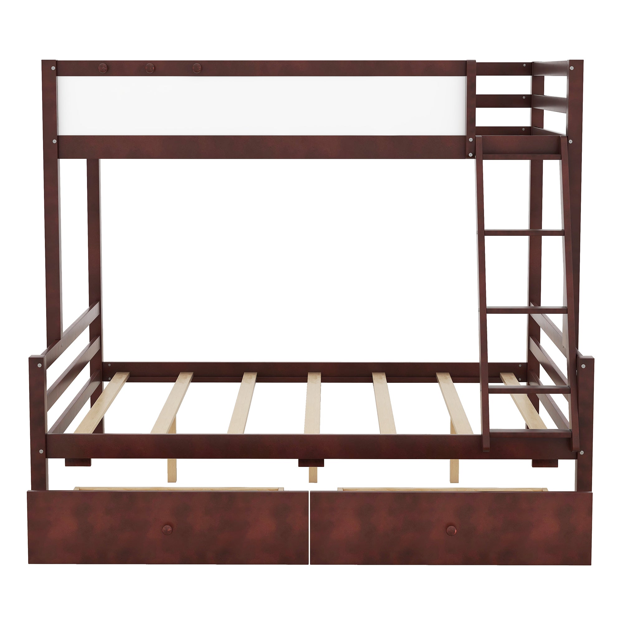Wood Twin over Full Bunk Bed with Whiteboard, 3 Hooks and 2 Drawers, Espresso