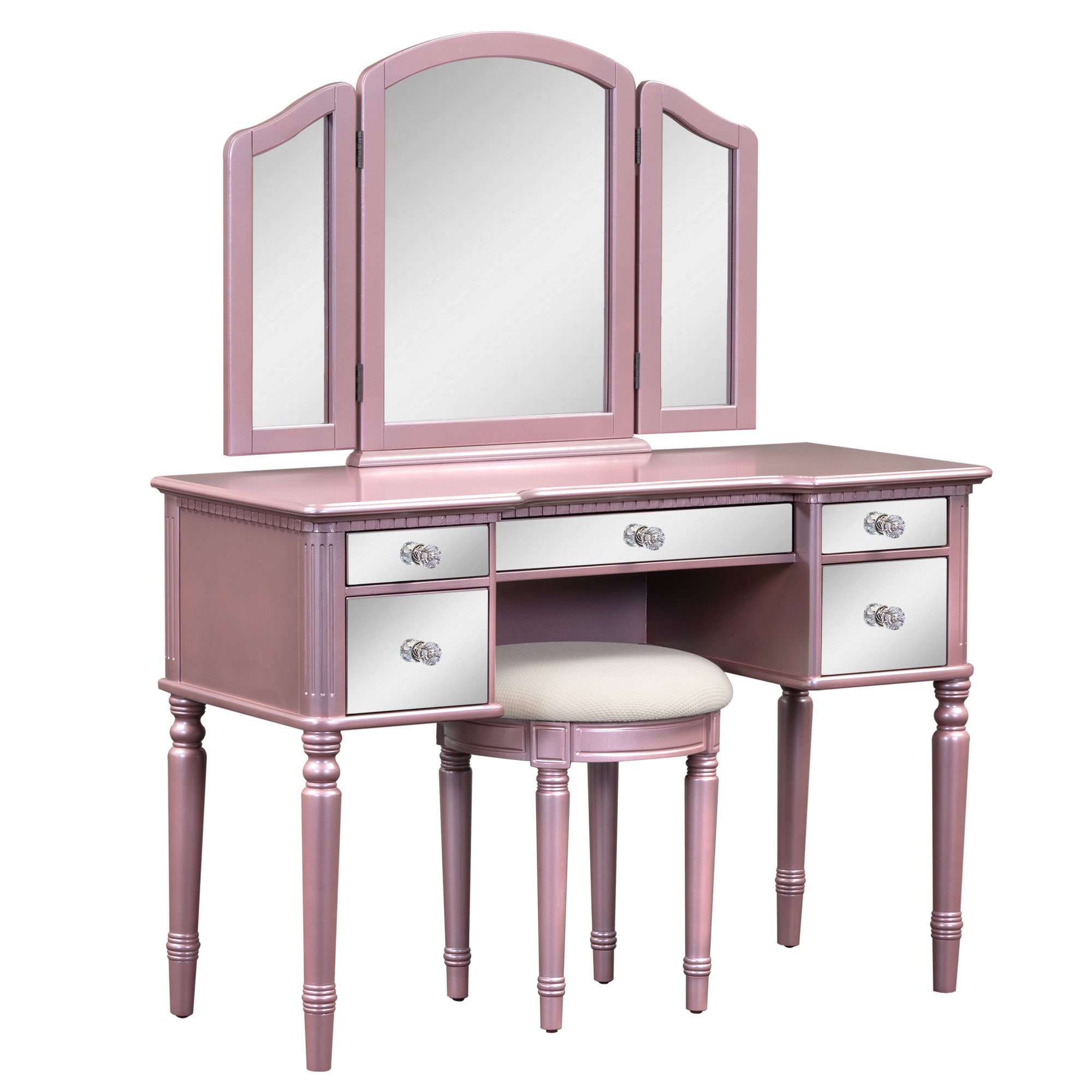 43" Dressing Table Set with Mirrored Drawers and Stool, Tri-fold Mirror, Makeup Vanity Set for Bedroom, Rose Gold