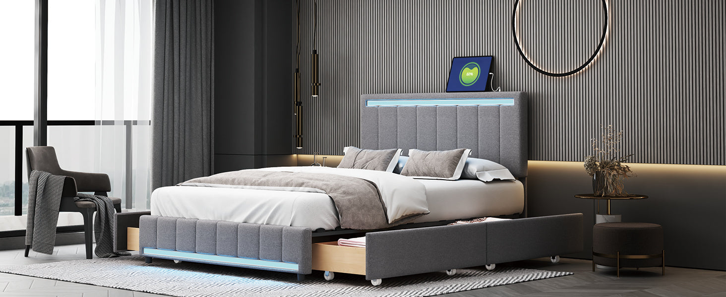 Full Size Upholstered Bed with LED Light and 4 Drawers, Modern Platform Bed with a set of Sockets and USB Ports, Linen Fabric, Gray